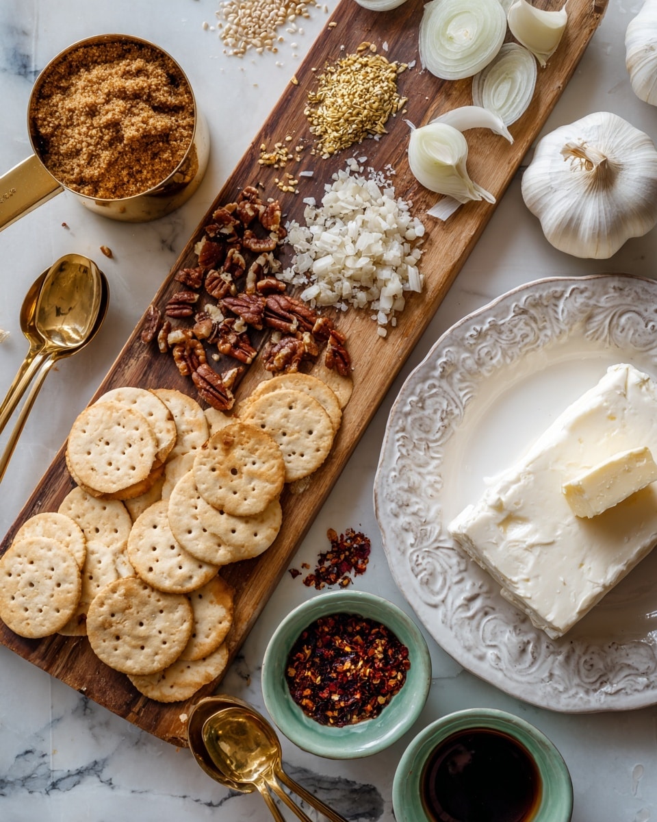 The image shows a wooden board on a white marbled surface holding many ingredients. On the left side, there is a gold measuring cup full of brown sugar with some pecans spilling around it. Below that, round beige crackers are laid out in a small pile. Next to the crackers, there is a gold measuring spoon with mustard seeds. In the middle, there are white onion wedges and a whole white garlic bulb. On the right side, a white decorative plate holds a large block of soft white cheese with a small piece of butter next to it. Near the plate, two small light green bowls contain dark brown liquid and red chili flakes. There are also gold measuring spoons scattered on the bottom left corner. Photo taken with an iphone --ar 4:5 --v 7