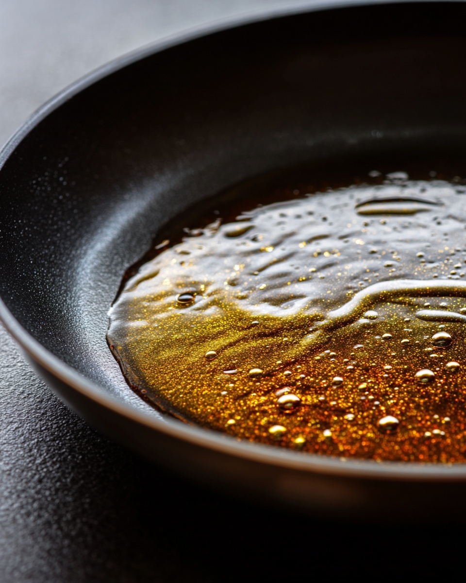 A close-up view of a frying pan with a shiny black, slightly textured surface. A layer of golden-brown oil spreads unevenly inside the pan, with some small air bubbles visible within the oil, reflecting light and creating small bright spots. The edge of the pan is slightly raised, and the pan rests on a stovetop, but the surface is not the main focus. Photo taken with an iphone --ar 4:5 --v 7
