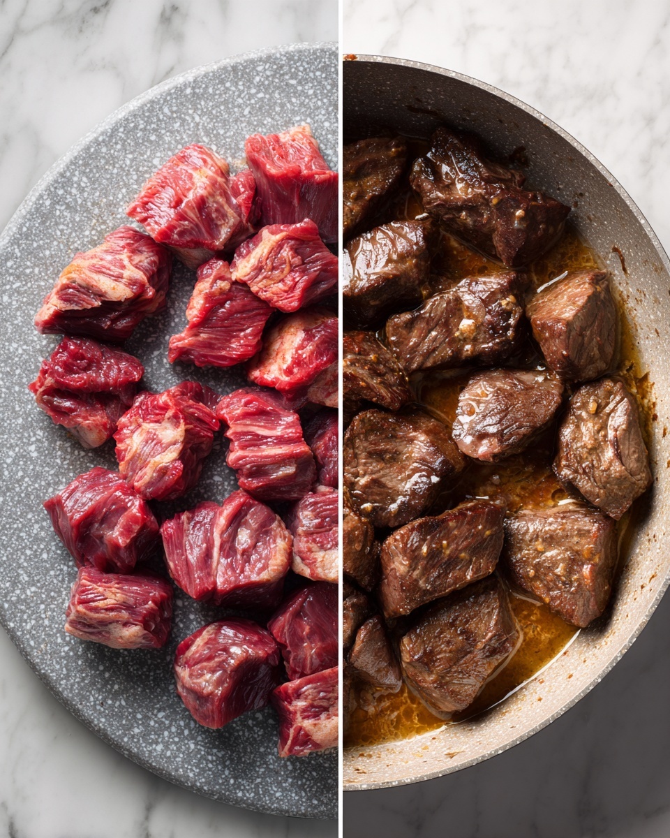 The image shows two top-down views of a metal saucepan on a white marbled surface. The left side has raw ingredients arranged in one layer: bright red whole tomatoes, peeled garlic cloves, white onion pieces, brown cinnamon sticks, black dried chilies, black peppercorns with some white seeds, and a dried bay leaf. The right side shows the same saucepan with the ingredients cooked together: the tomatoes are softer and darker red, the onion pieces are translucent light brown, dried chilies are dark red and softened, and there are small light brown nut pieces mixed in a deep red-brown liquid. Photo taken with an iphone --ar 4:5 --v 7