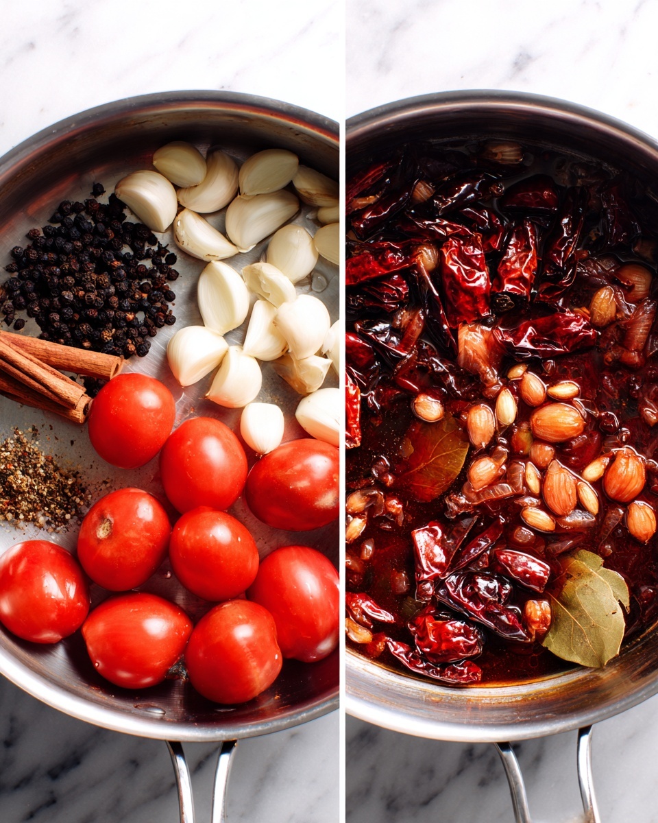 The image shows two side-by-side photos. On the left, raw beef chunks with visible marbling lie in a scattered pile on a speckled gray cutting board over a white marbled surface. The meat pieces are thick and mostly red with streaks of white fat. On the right, the same beef chunks are browned and seared in a large round pot with a light gray inside and metallic top edge. The cooked beef has a rich dark brown crust with some parts glistening from the cooking oil. Photo taken with an iphone --ar 4:5 --v 7