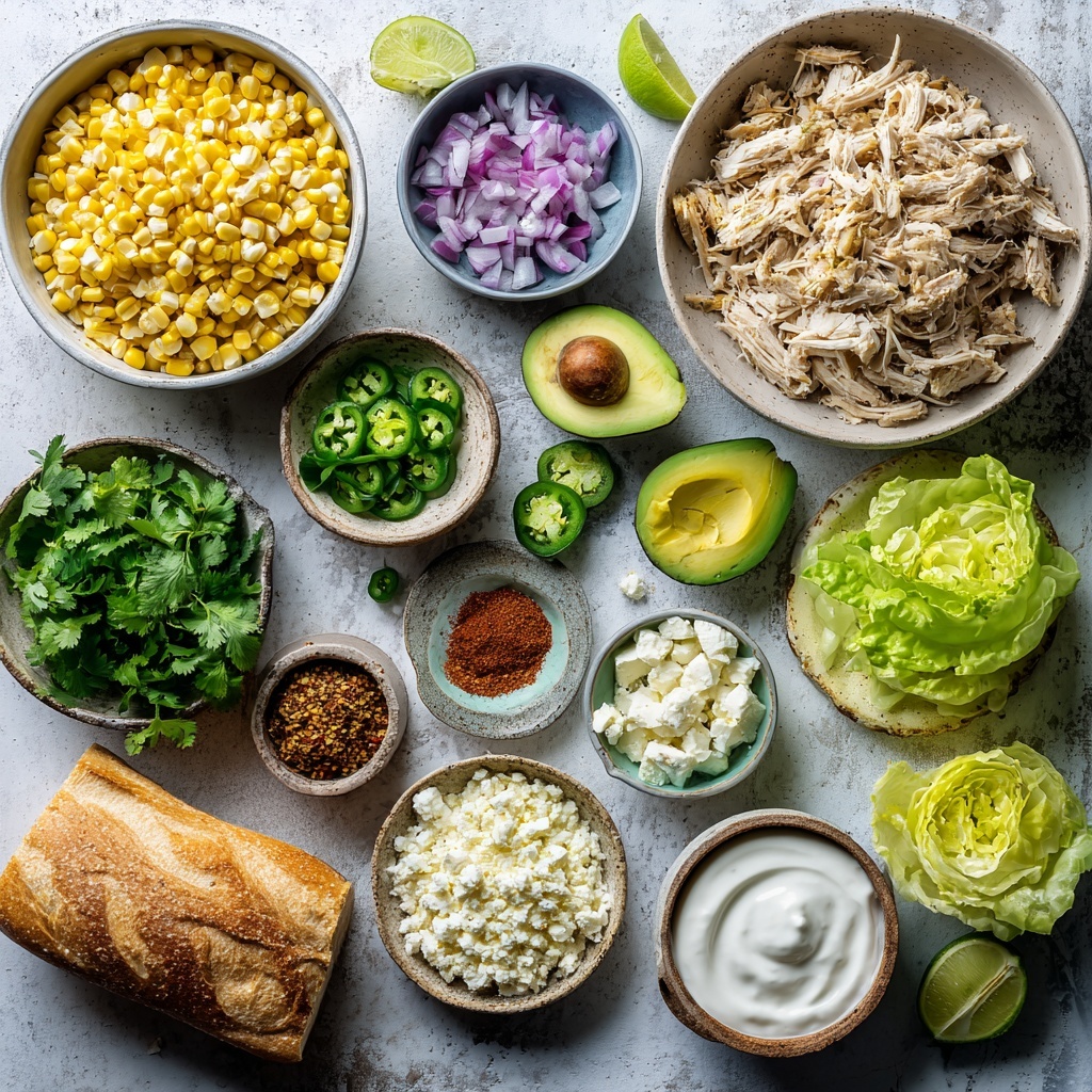 A bowl filled with a creamy white chicken salad mixed with yellow corn and green herbs sits on a white marbled surface. Dark purple lettuce leaves line the bowl's edges, adding a deep color contrast. The chicken salad is sprinkled with red spices and chopped green herbs on top. Around the bowl are small white bowls filled with bright green chopped jalapeños and a red chili powder seasoning. There is a wooden bowl on the right with white creamy dressing and a gold spoon, along with some scattered green herbs and seasoning on the surface. photo taken with an iphone --ar 4:5 --v 7