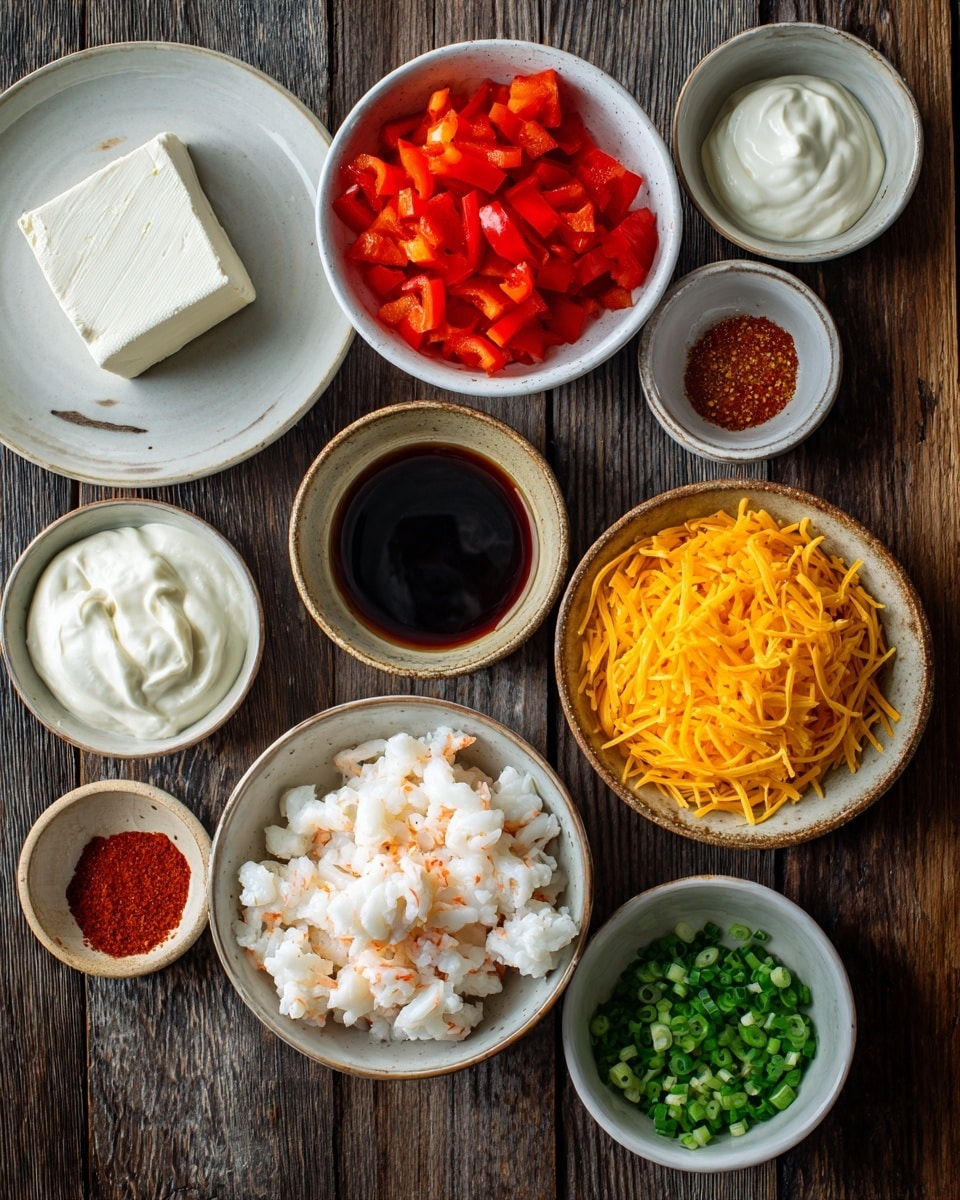 The image shows several white plates and bowls arranged on a dark wooden surface with a white marbled texture. There are eight containers in total: one plate has a block of white cream cheese, another plate holds bright red diced bell peppers, a bowl contains cooked white crab meat chunks, one bowl is filled with shredded yellow cheddar cheese, and a small bowl has dark brown soy sauce. Additionally, there are small bowls with white sour cream, light green chopped scallions, bright red hot sauce, and reddish-brown seasoning powder. The ingredients are neatly placed and ready for cooking. Photo taken with an iphone --ar 4:5 --v 7