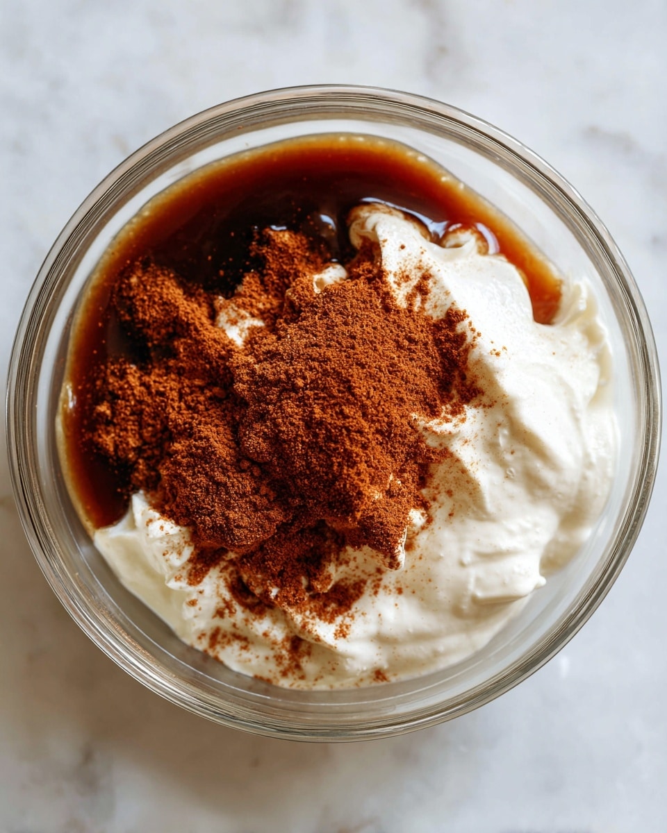 A clear glass bowl sits on a white marbled surface, containing a mix of three layers: a smooth white cream base on the left, a pile of fine, reddish-brown spice powder on the right, and a glossy dark brown sauce that slightly covers parts of the cream and spice. The ingredients appear ready to be mixed together. Photo taken with an iphone --ar 4:5 --v 7