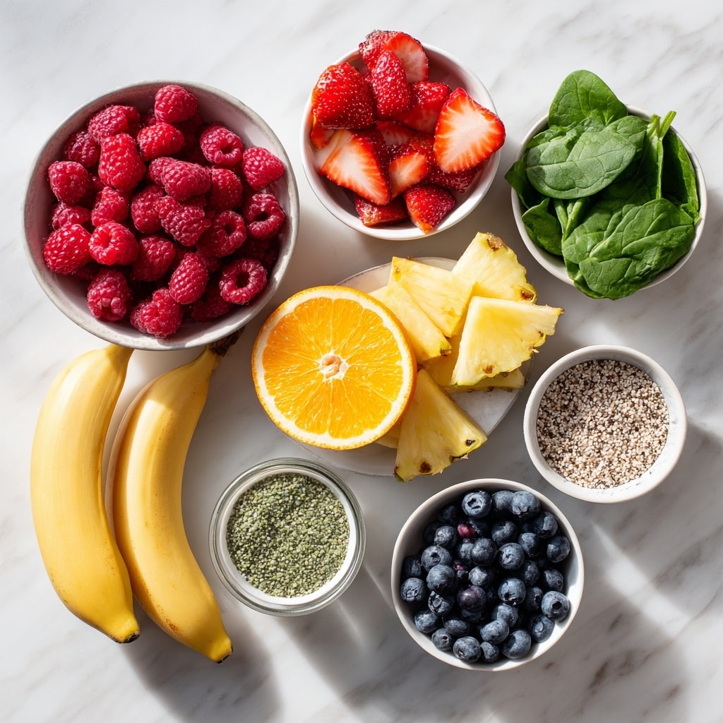 The image shows a clear blender filled with several layers of ingredients on a white marbled surface. At the bottom, there are bright red raspberries, above them some crushed brown powder, then two small peeled yellow bananas with white sesame seeds sprinkled on top. The top layer consists of fresh dark green spinach leaves. The blender is transparent with red measurement marks on the sides. Photo taken with an iphone --ar 4:5 --v 7