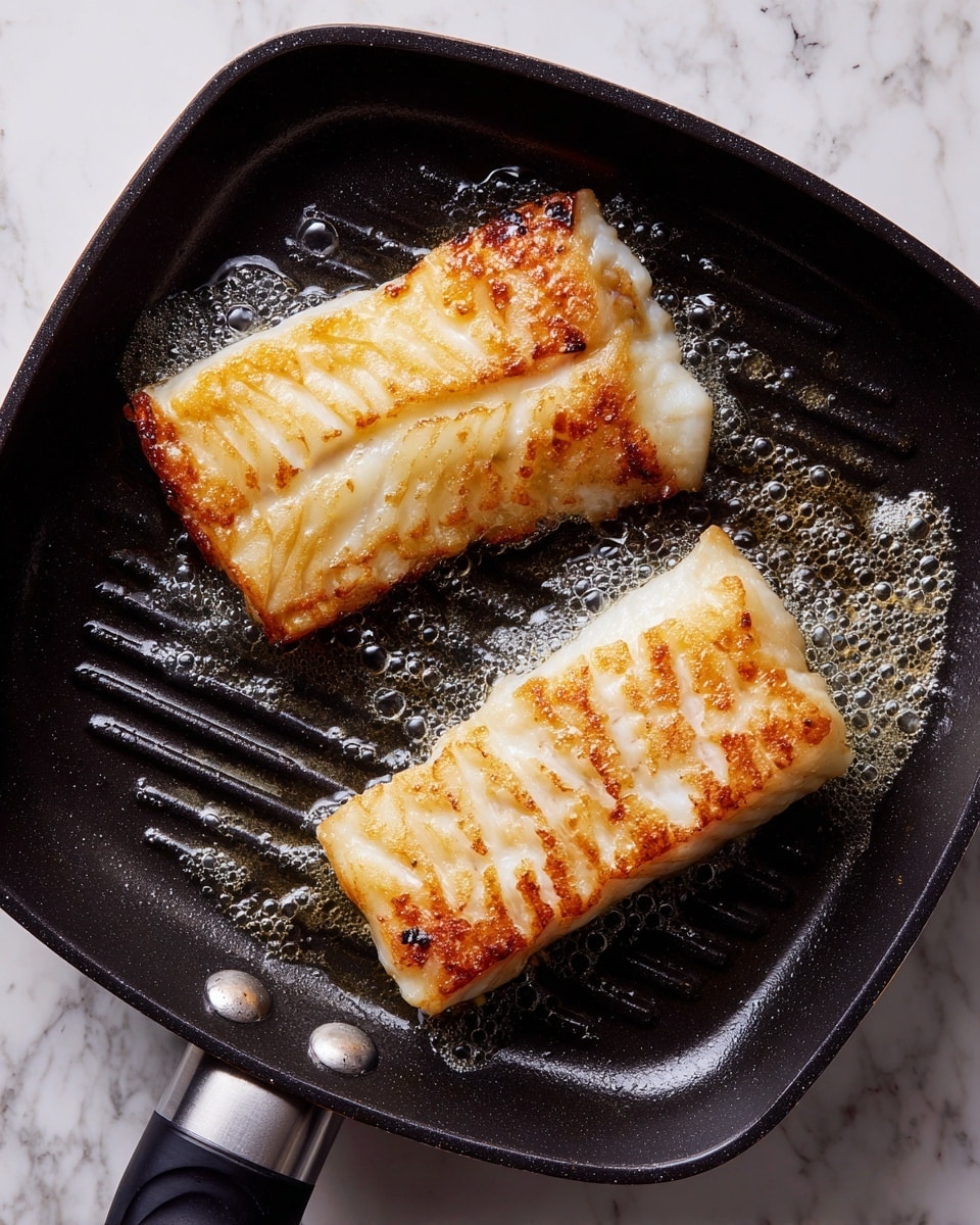 A black square grill pan sits on a white marbled surface with two pieces of golden-brown pan-fried fish fillets inside. The fillet on the left side is larger, with a light, crispy texture and areas of light browning on the edges. The smaller fillet on the right has gentle grill marks running horizontally, with a tender, slightly flaky appearance. Butter or oil bubbles gently surround the fish in the pan, adding a shiny, sizzling effect. photo taken with an iphone --ar 4:5 --v 7