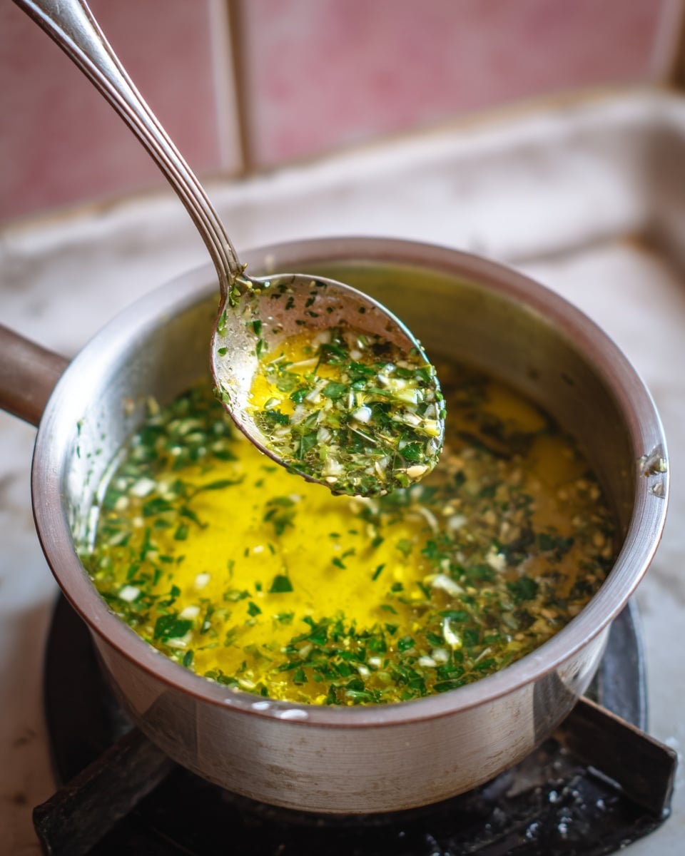 A close-up view of a silver metal pot on a black stove with a white marbled surface underneath. Inside the pot, there is a yellow oily liquid mixed with small green herb pieces and white bits, creating a textured, fresh look. A silver spoon is held above the pot, scooping up the yellow and green mixture, showing the herbs clearly. The pot's inside surface is smooth and shiny, reflecting some light. The background features soft pink tiles. Photo taken with an iphone --ar 4:5 --v 7