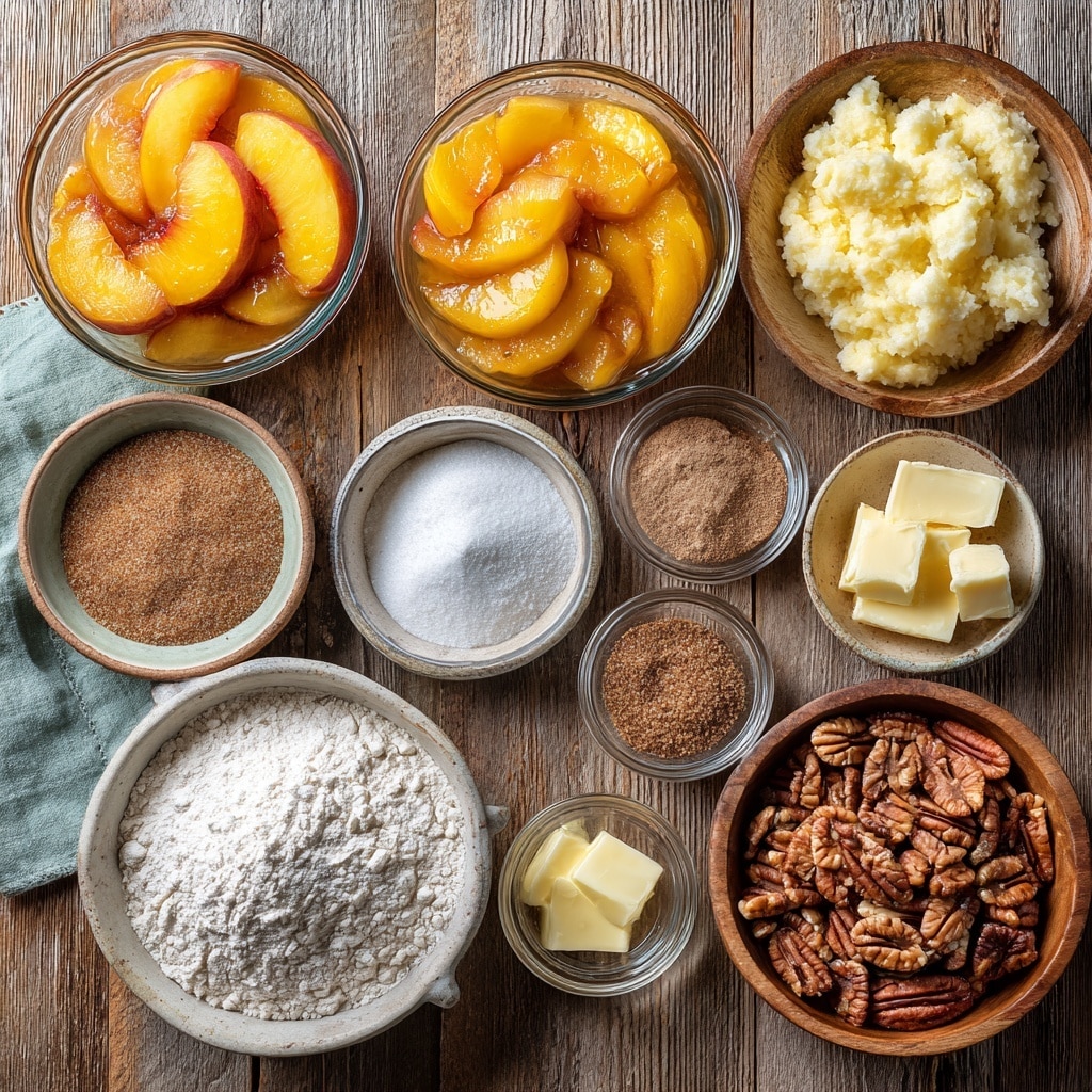 The image shows four steps of making a peach dessert. In the first part, a white bowl holds bright orange peach slices in syrup on a white marbled surface. The second part has the same bowl with dry ingredients like brown powder and white flour sprinkled over the peaches. The third part shows the mixture combined into a thick, brown batter with peach slices visible inside it in a white bowl. The last part displays the batter spread in a white oval dish, topped with scattered pecan pieces and evenly spaced square pats of pale yellow butter. The background includes canned peaches blurred out. photo taken with an iphone --ar 4:5 --v 7