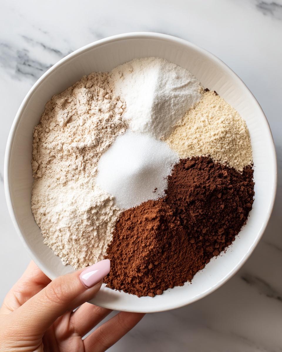 A white bowl filled with seven different dry ingredients arranged in layers that form a loose circle inside the bowl. Starting from the top and moving clockwise, there is a pile of light beige flour with a powdery texture, next to it is a mound of fine white sugar, followed by a small white grainy pile that looks like salt, then a larger section of dark brown cocoa powder with a soft, crumbly texture. Near the cocoa powder is a small heap of white baking powder or baking soda, above it is a light tan granulated sugar, and finally back to the flour. The bowl is held slightly by a woman's hand with long nails painted pale pink. The background is a white marbled surface. photo taken with an iphone --ar 4:5 --v 7