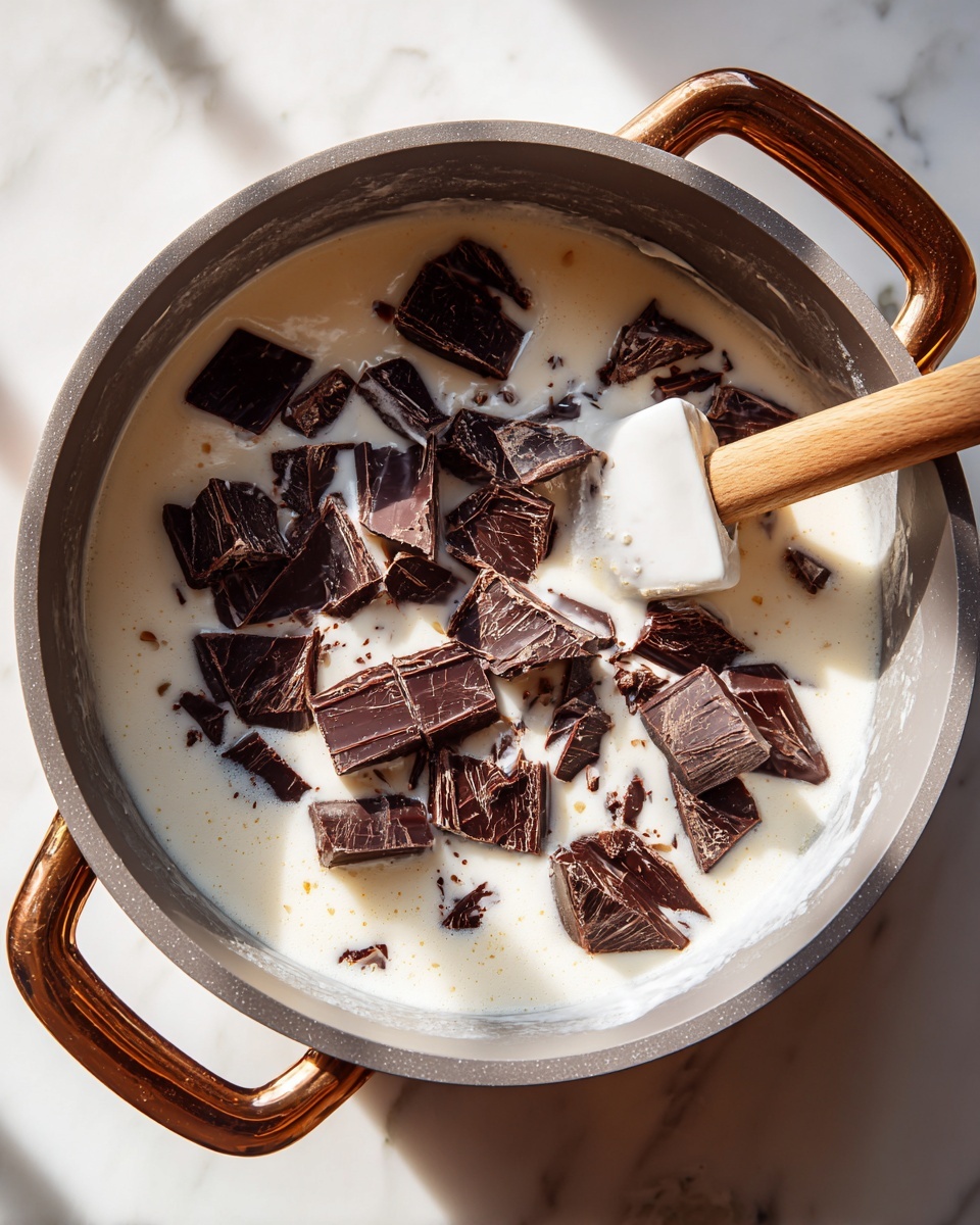 A large gray cooking pot with two bronze handles is shown on a white marbled surface, filled with smooth, creamy white liquid mixed with large dark chocolate chunks scattered on top and partially melting into the creamy base. A white spatula with a light wooden handle is stirring the mixture, causing some chocolate pieces to break and blend into the cream. Soft natural light highlights the texture and melting process. Photo taken with an iphone --ar 4:5 --v 7