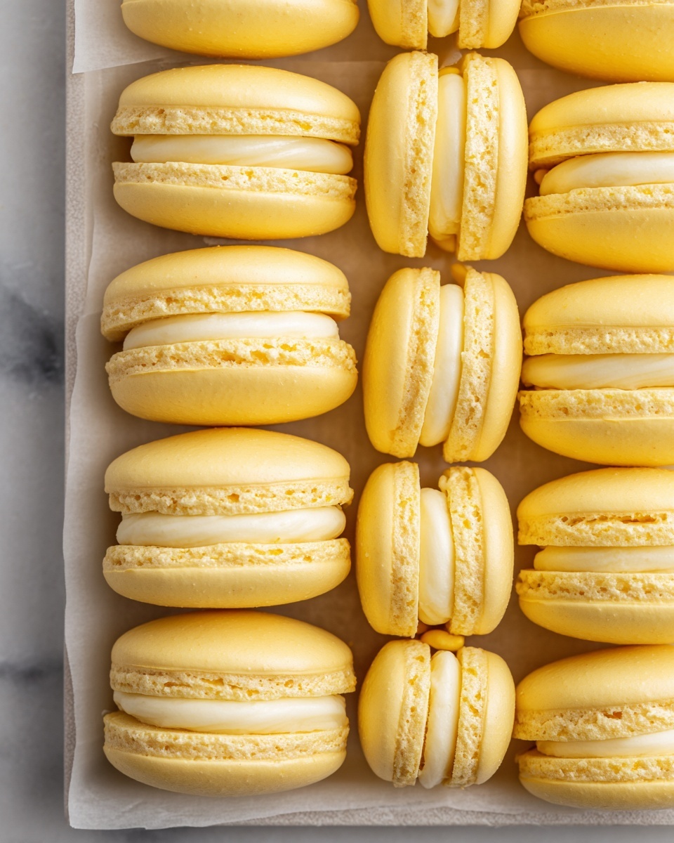The image shows a tray filled with yellow macarons arranged neatly in rows on white parchment paper. Each macaron has two smooth, slightly shiny, pale yellow round shells with a slightly rough, lighter yellow edge at the bottom. Between the shells, a thin layer of creamy, pale yellow filling is visible, creating a two-layer structure for each macaron. The surface below the tray is a white marbled texture. photo taken with an iphone --ar 4:5 --v 7