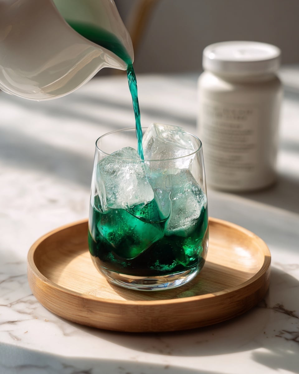 A clear glass filled with large ice cubes is placed on a light wooden tray with a slight round edge. Dark green liquid is being poured from a white pitcher into the glass, creating swirling patterns as it mixes with the ice and clear liquid inside. The dark green liquid has a thick texture, contrasting with the transparent ice. In the background, there is a white canister with a label. The whole setup is on a white marbled surface that reflects soft sunlight. photo taken with an iphone --ar 4:5 --v 7