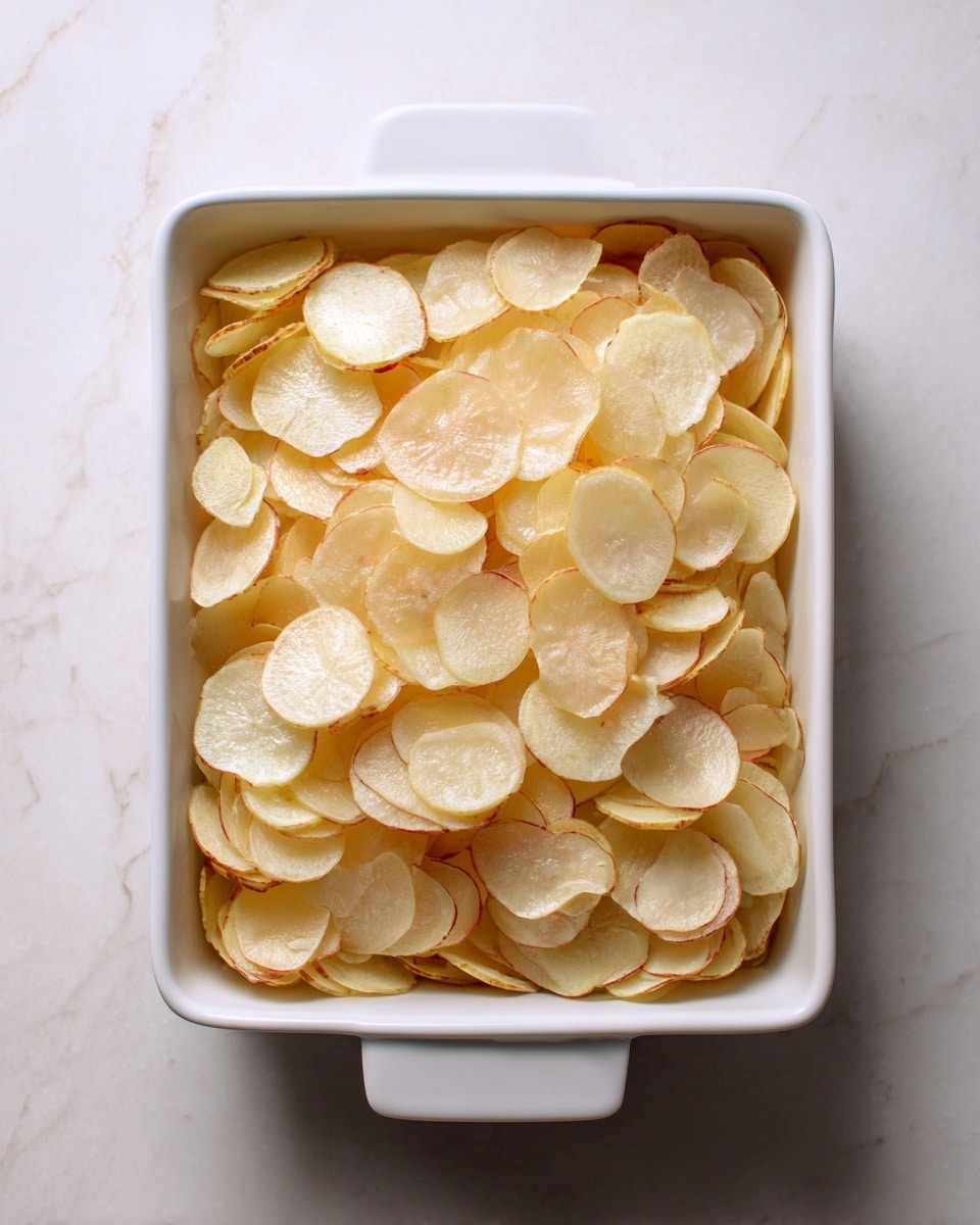 A white square baking dish is filled with one layer of thinly sliced potatoes. The potato slices are unevenly spread, overlapping each other, and have a light golden color with some translucent parts. The surface underneath the dish is a white marbled texture. Photo taken with an iphone --ar 4:5 --v 7