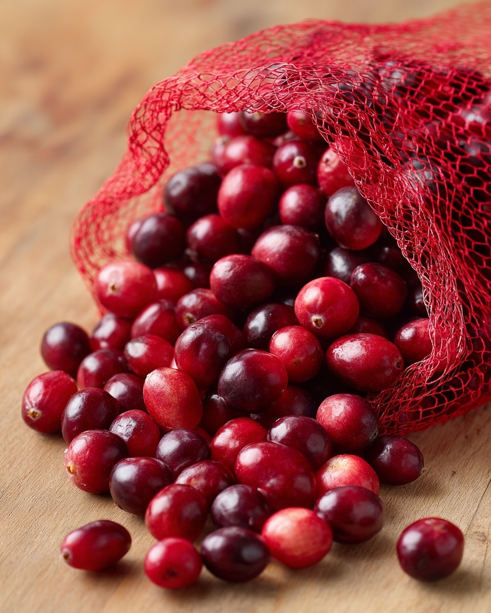 A pile of small, shiny red cranberries spilling out from a red mesh bag onto a light brown wooden surface. The cranberries vary slightly in shade, from bright red to deep maroon, and have a smooth, slightly reflective texture. The mesh bag is spread open, showing the round shape of the berries inside and around the bag. photo taken with an iphone --ar 4:5 --v 7