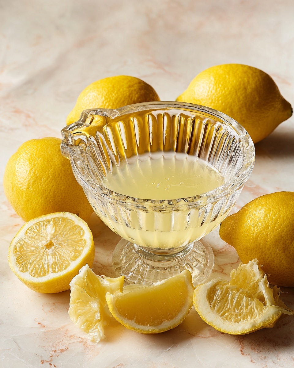The image shows a clear glass lemon juicer with a few tablespoons of fresh, light yellow lemon juice collected in its base. Around the juicer are five whole yellow lemons and three lemon halves with the pulp removed, placed on a white marbled surface. The texture of the lemon rinds is bright and slightly rough, while the juicer's glass has ridges and grooves designed to squeeze juice from the lemons. Photo taken with an iphone --ar 4:5 --v 7
