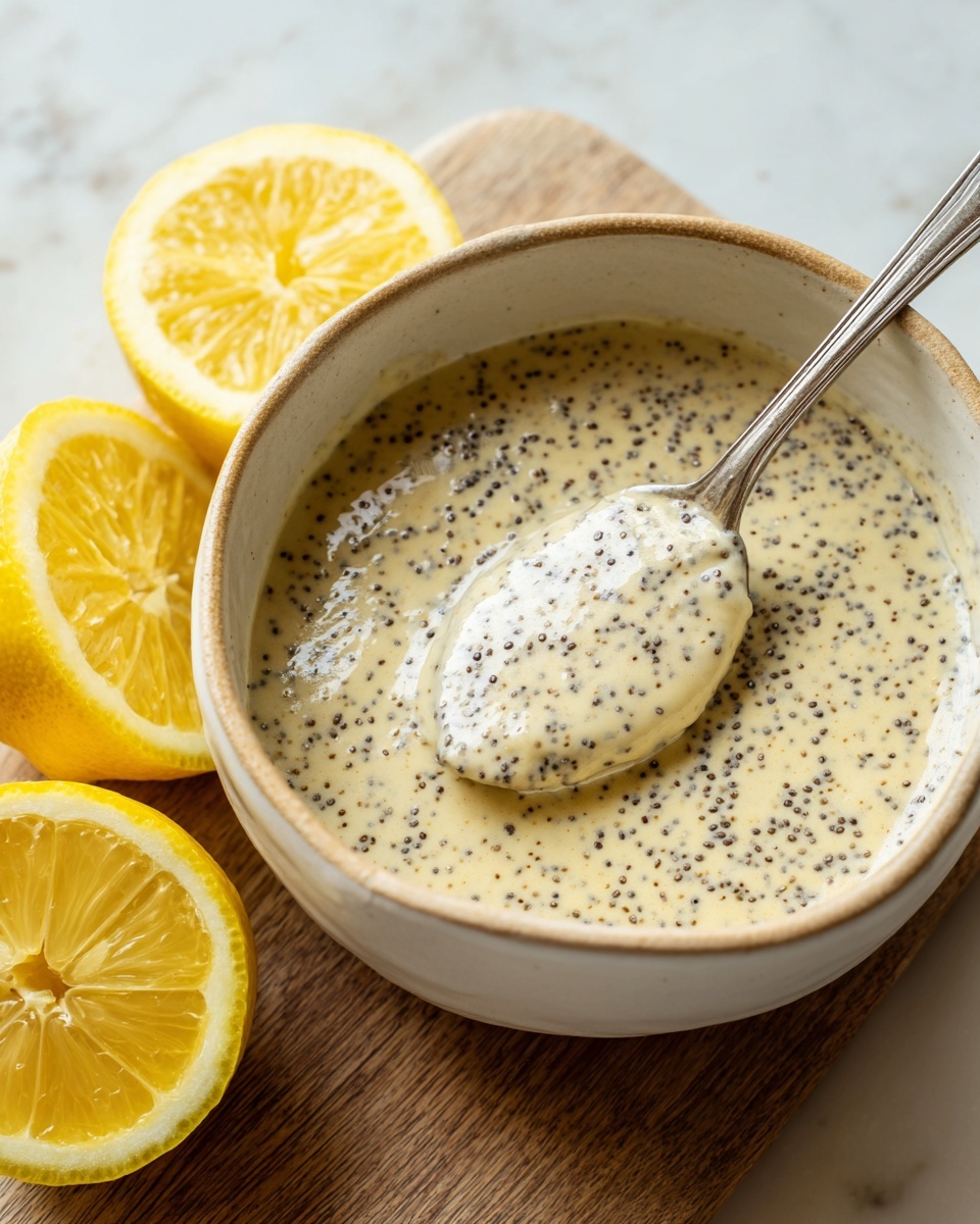 A close-up view of a creamy mixture in a white bowl with a light beige rim, filled with a light beige batter speckled densely with small black seeds like poppy seeds, showing a thick and textured consistency. A silver spoon rests inside the bowl, partly submerged in the batter, lifting some of it to reveal its creamy texture. On a wooden surface nearby, there are three halved bright yellow lemons with visible pulp and seeds, adding a fresh contrast to the soft colors of the batter and bowl. The background is a white marbled texture. Photo taken with an iphone --ar 4:5 --v 7