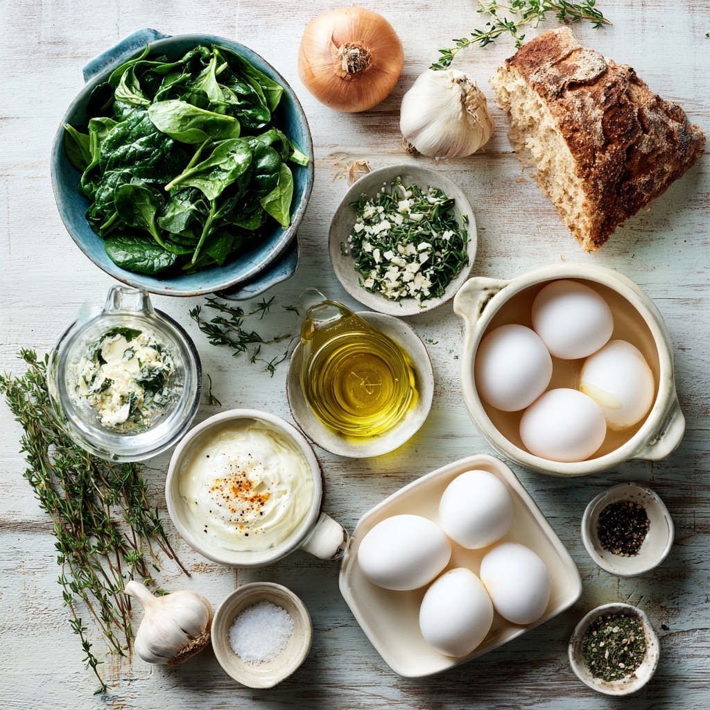 A white baking dish holds four raw eggs with bright yellow yolks placed over a thick layer of cooked green spinach with visible texture and chopped white garlic pieces scattered on top. The spinach layer forms the base, filling the entire dish, while the eggs are evenly spaced on top. The dish sits on a white marbled surface, and in the background, there is a blurred pepper grinder. The photo taken with an iphone --ar 4:5 --v 7