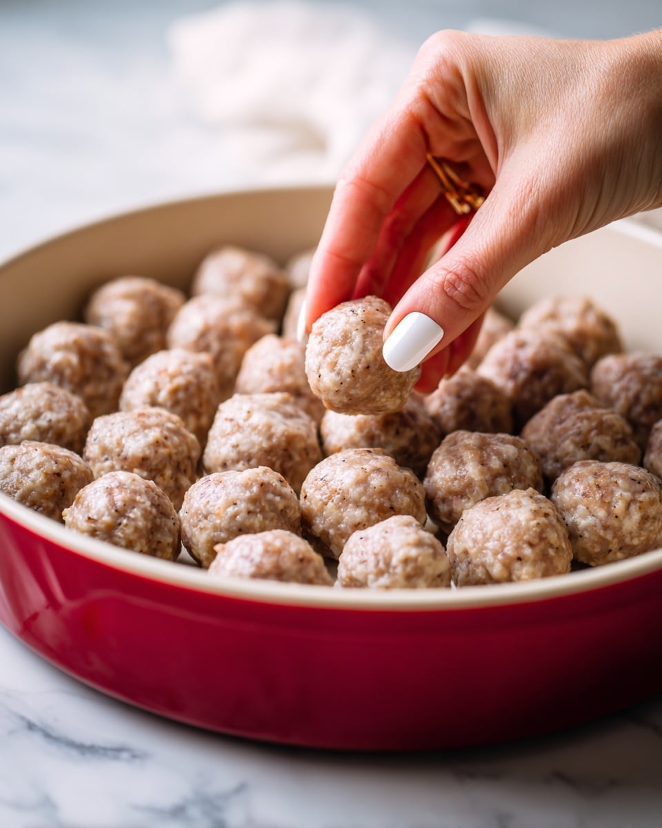 A red round pan with a white inside shows a layer of raw meatballs, arranged closely in rows but not touching each other. The meatballs are light beige with small specks, round and smooth. A woman's hand with light skin and manicured nails painted white is picking up one meatball from near the center of the pan. The background is a white marbled texture. photo taken with an iphone --ar 4:5 --v 7