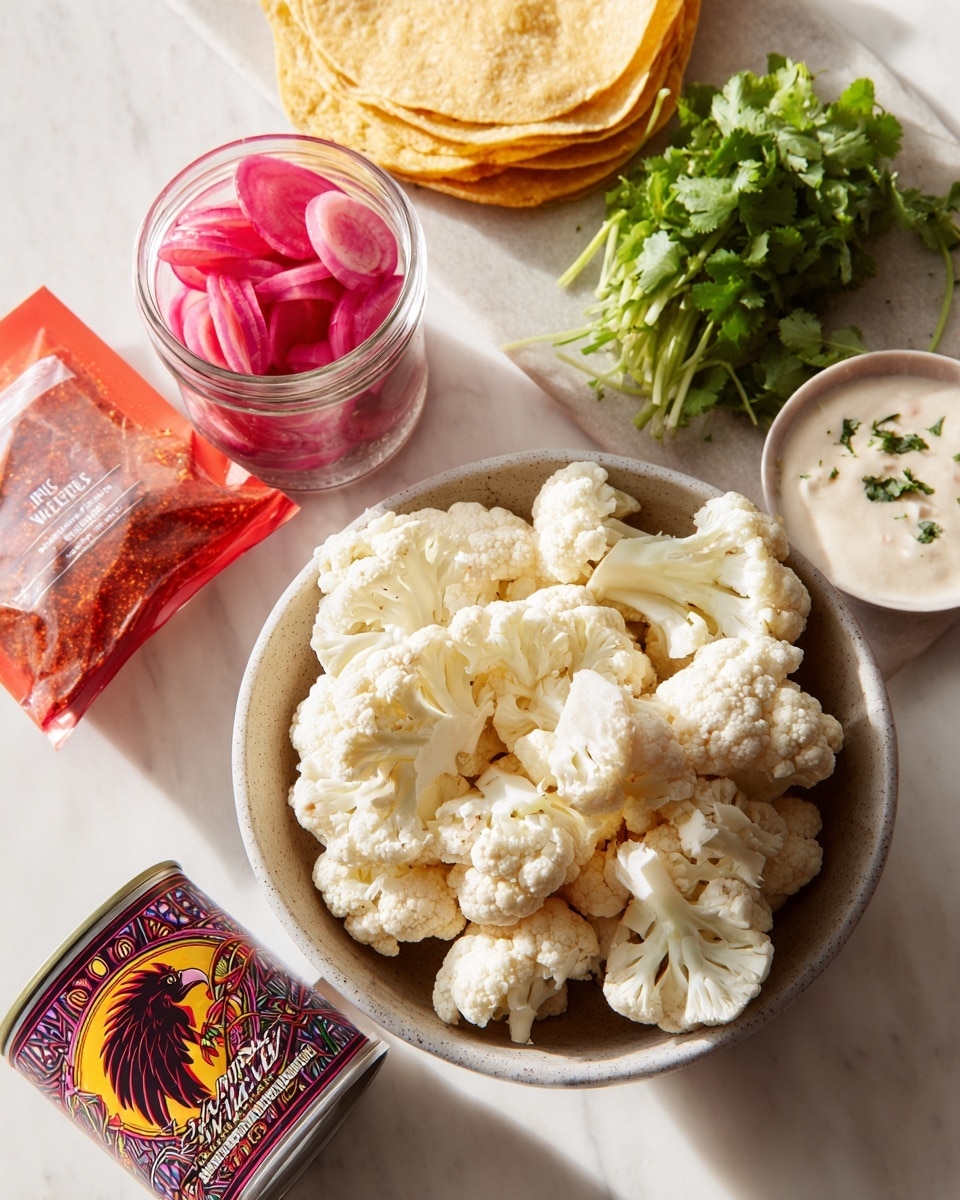 The image shows a white bowl filled with white cauliflower florets on a white marbled surface. Next to the bowl, there is a clear jar with pink pickled slices, a small bunch of fresh green cilantro, a sealed package of yellow corn tortillas in clear plastic, a red and orange packet of spicy taco seasoning with a dark eagle logo, a colorful can of vegetarian refried black beans with a decorative label, and a small white container of creamy sauce with small herbs. Everything is neatly arranged with bright, soft light. Photo taken with an iphone --ar 4:5 --v 7