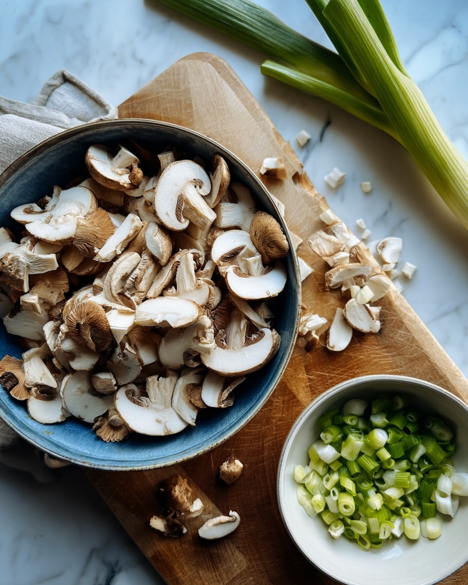 A blue bowl filled with many sliced mushrooms that have white centers and brown edges sits to the left on a wooden board, next to a white bowl filled with chopped green spring onions. Some small chopped pieces are scattered around the bowls on the wooden board, which is placed on a white marbled surface photo taken with an iphone --ar 4:5 --v 7