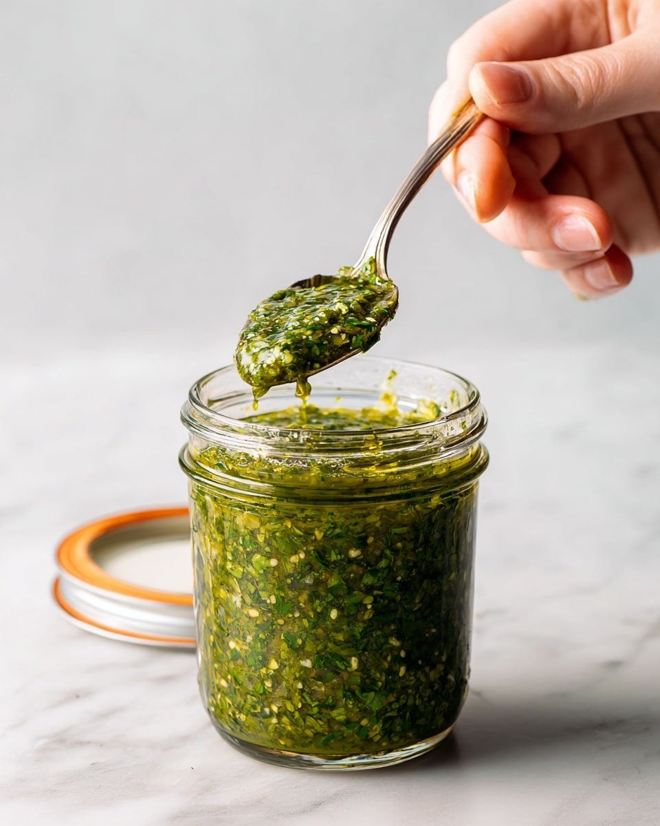 The image shows a tall clear glass jar filled with a green sauce that has a slightly chunky texture. The surface of the sauce has a shiny layer of oil with visible herbs mixed inside. A silver spoon is partly inside the jar, scooping some of the sauce, with a woman's hand holding the spoon from the right side. The jar is placed on a white marbled surface, and a white lid with an orange rubber seal is partly visible on the left side. Photo taken with an iphone --ar 4:5 --v 7