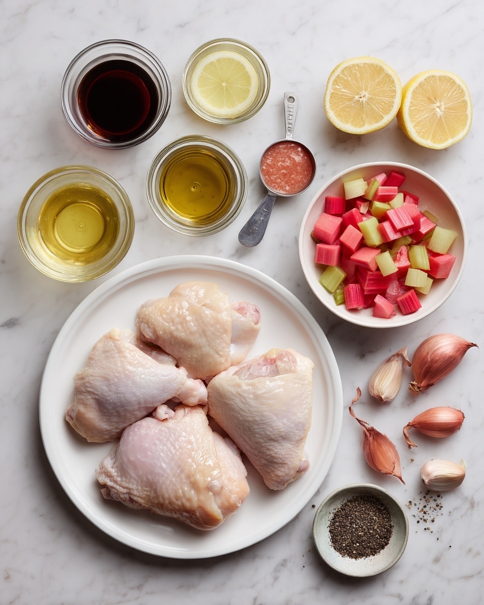 On a white marbled surface, there is a white plate on the right holding three raw chicken thighs with pale skin. To the left of the plate, there is a small white bowl filled with chopped red and green rhubarb pieces. Near it are two lemon halves showing the bright yellow inside. Around these items, there are small glass jars and bowls holding dark brown and black liquids and light yellow oil. A small metal measuring cup contains a reddish-brown paste. Below it, three whole shallots and two cloves of garlic lay scattered. A small glass bowl with black pepper sits on the right side close to the chicken. photo taken with an iphone --ar 4:5 --v 7
