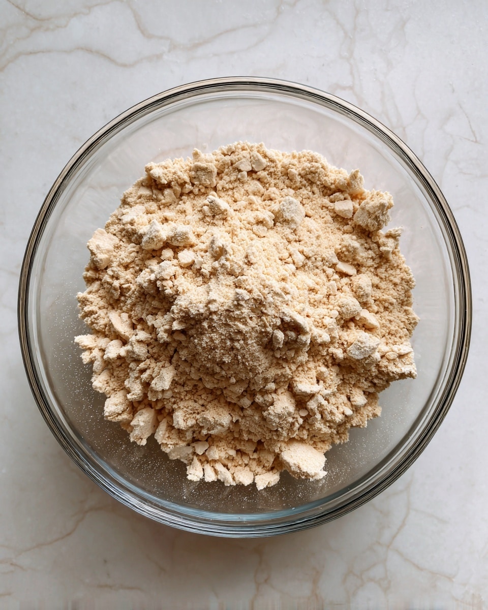 A clear round glass bowl filled with a crumbly, pale light brown mixture that looks powdery and slightly coarse. The mixture fills the bowl almost to the top with uneven clumps and small dry chunks spread over the surface. The bowl sits on a white marbled texture surface that adds a subtle pattern under the bowl. photo taken with an iphone --ar 4:5 --v 7