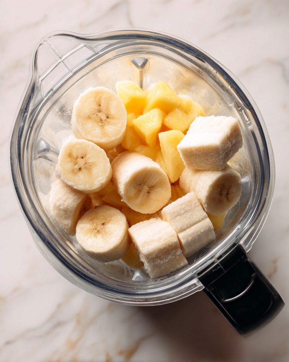 A clear blender jar sits on a white marbled surface, filled with frozen pieces of light yellow bananas and white creamy frozen cubes with bright yellow fruit chunks inside. The bananas are cut into thick rounds with a soft texture, while the frozen cubes are smooth and rectangular, scattered evenly through the jar's center. The blender handle is black and positioned on the right side. The overall look is fresh and cool, with a mix of soft and icy textures. photo taken with an iphone --ar 4:5 --v 7