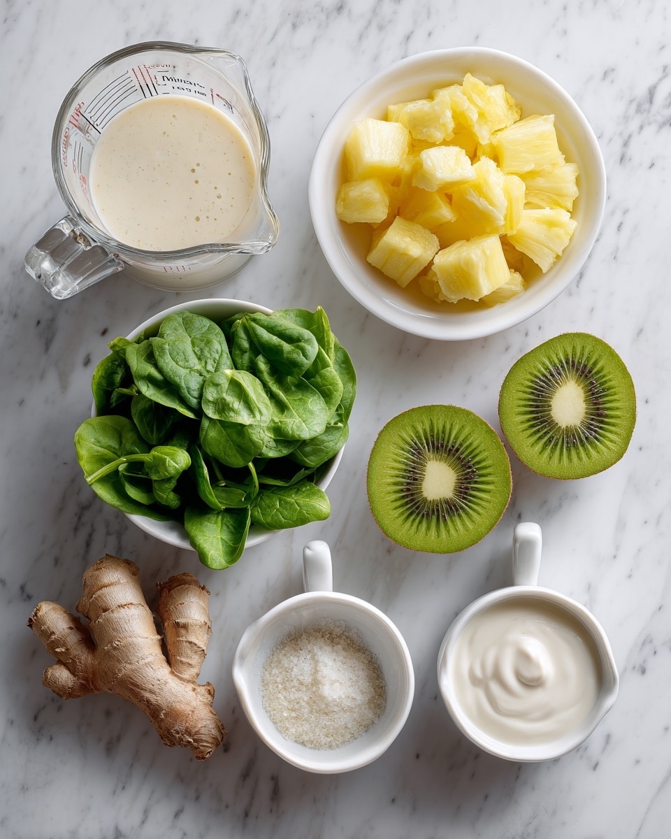 The image shows several ingredients placed on a white marbled surface, arranged neatly. There is a clear glass measuring cup filled with a creamy liquid on the top left, next to a white bowl filled with yellow pineapple chunks. Below, there is a white bowl filled with fresh green spinach leaves. To the right of the spinach, two halves of a bright green kiwi with black seeds are placed side by side. Near the kiwis, there is a small pile of fresh ginger roots with a rough brown texture. Further right, there is a small white bowl filled with a smooth white creamy substance. At the bottom of the image, there is a white measuring cup filled with a white liquid. photo taken with an iphone --ar 4:5 --v 7