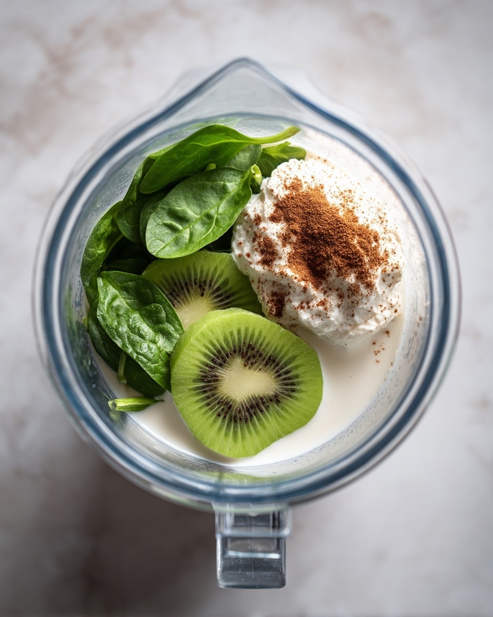 A clear blender jar sits on a white marbled surface filled with several ingredients. The bottom layer is a smooth white liquid, likely milk or a milk substitute. On top of this, on the right side, there is a dollop of creamy white yogurt with a sprinkle of cinnamon powder in light brown. On the left side, fresh dark green spinach leaves are neatly arranged. Next to the leaves towards the center, bright green slices of kiwi with visible black seeds add a fresh touch. The jar’s transparent walls highlight these vibrant layers and textures clearly. Photo taken with an iphone --ar 4:5 --v 7