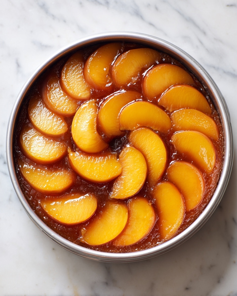 A round metal pan sits on a white marbled surface, filled with a single dark brown layer of syrupy sauce at the bottom. Over this, there are two neat rings of peach slices arranged in a circle, almost touching each other with a small hole in the center. The peach slices are light orange with shiny, smooth textures that catch the light, showing slight variations in color. The glossy sauce layer underneath contrasts with the soft, juicy appearance of the peach slices, making the arrangement look fresh and ready to bake photo taken with an iphone --ar 4:5 --v 7