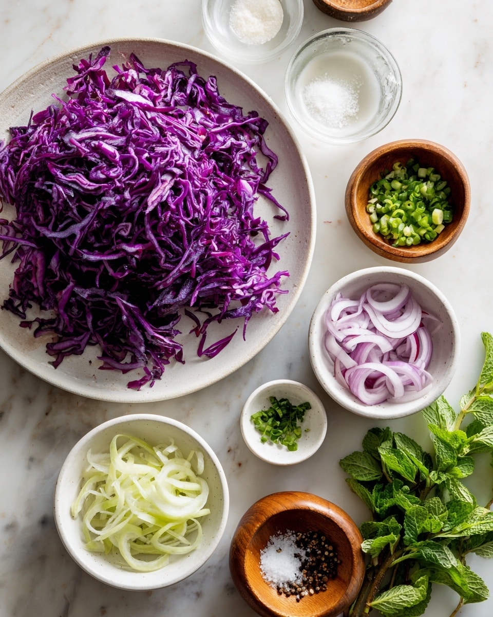 The image shows a white plate filled with a large heap of finely shredded purple cabbage on the left side. Surrounding it are multiple small white bowls, each holding different ingredients: one bowl contains thinly sliced pale green strips, another has finely chopped green chili, one bowl holds thinly sliced red onion rings, a small dish with green herbs, and another filled with a white creamy sauce. There are also two smaller white bowls with salt and a clear liquid, and one wooden bowl with cracked black pepper. Fresh green herbs, including cilantro and mint, are laid on the right side on a white marbled surface. photo taken with an iphone --ar 4:5 --v 7