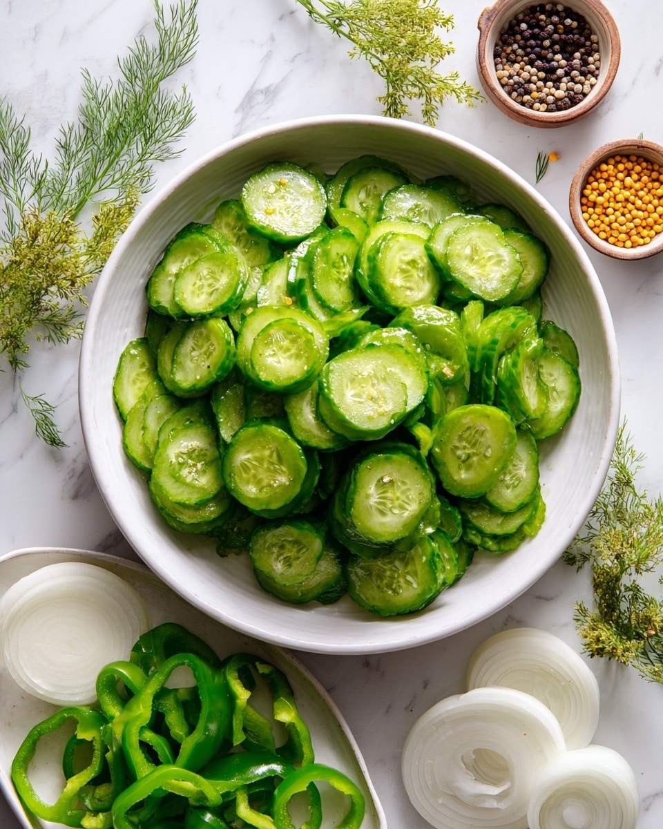 The image shows a large white bowl filled with many slices of green cucumber, each slice showing a lighter green inside with seeds. Below and to the right is a white plate holding two layers: on the left are green bell pepper slices with a shiny, fresh texture, while on the right are white onion slices that appear crisp and slightly curved. Around the bowls and plate, there are small bowls with spices, including one with round yellow mustard seeds and another with black and white peppercorns. The background is a white marbled surface with sprigs of fresh dill scattered around, adding green and soft yellow floral touches. Photo taken with an iphone --ar 4:5 --v 7