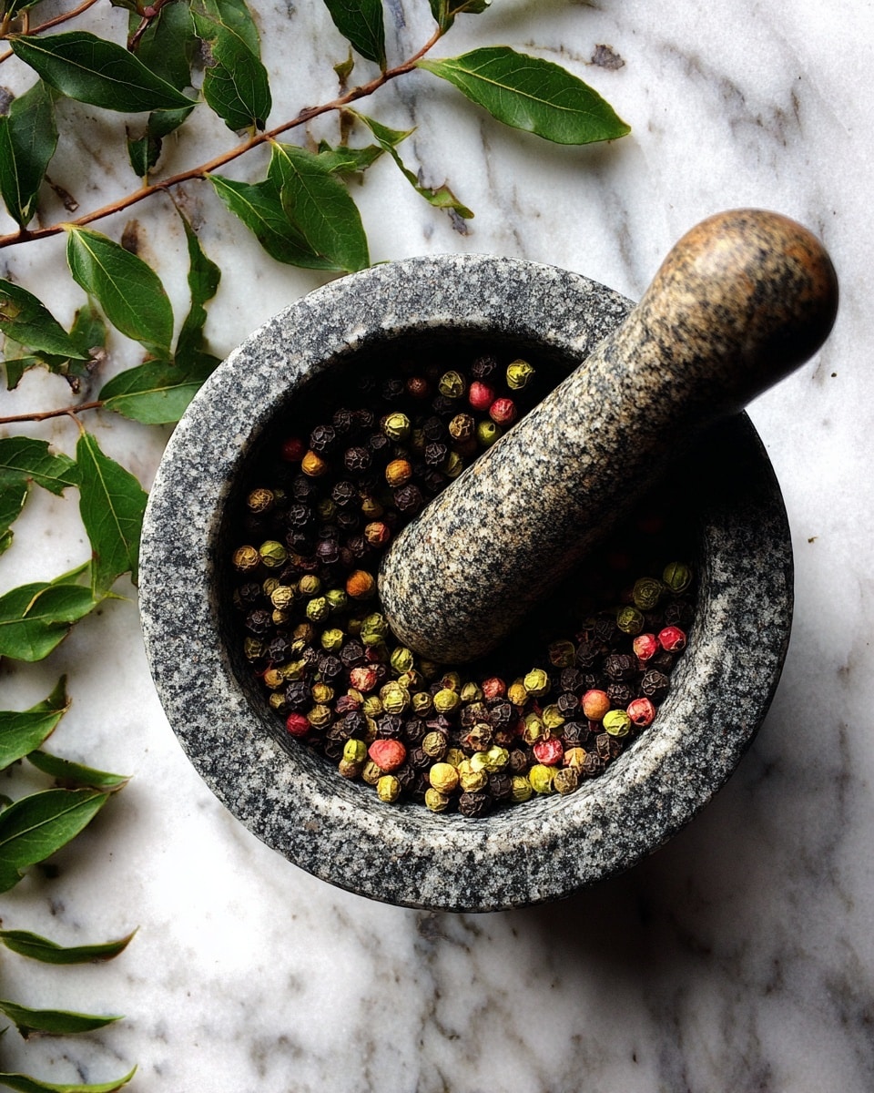 A close-up top view of a grey marble mortar filled with mixed peppercorns in black, green, yellow, and reddish colors, with a matching pestle pressing down on the spices, set on a white marbled textured surface with some green leafy herb stems placed on the left side. photo taken with an iphone --ar 4:5 --v 7