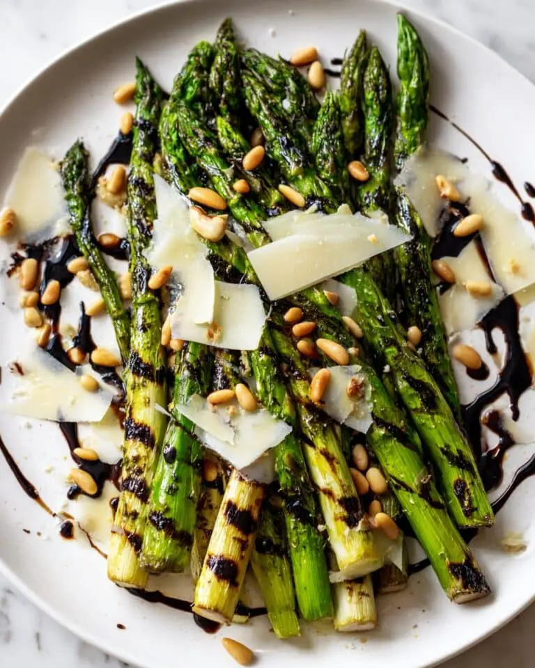 Grilled Asparagus with Balsamic Reduction, Pine Nuts, and Parmesan Recipe