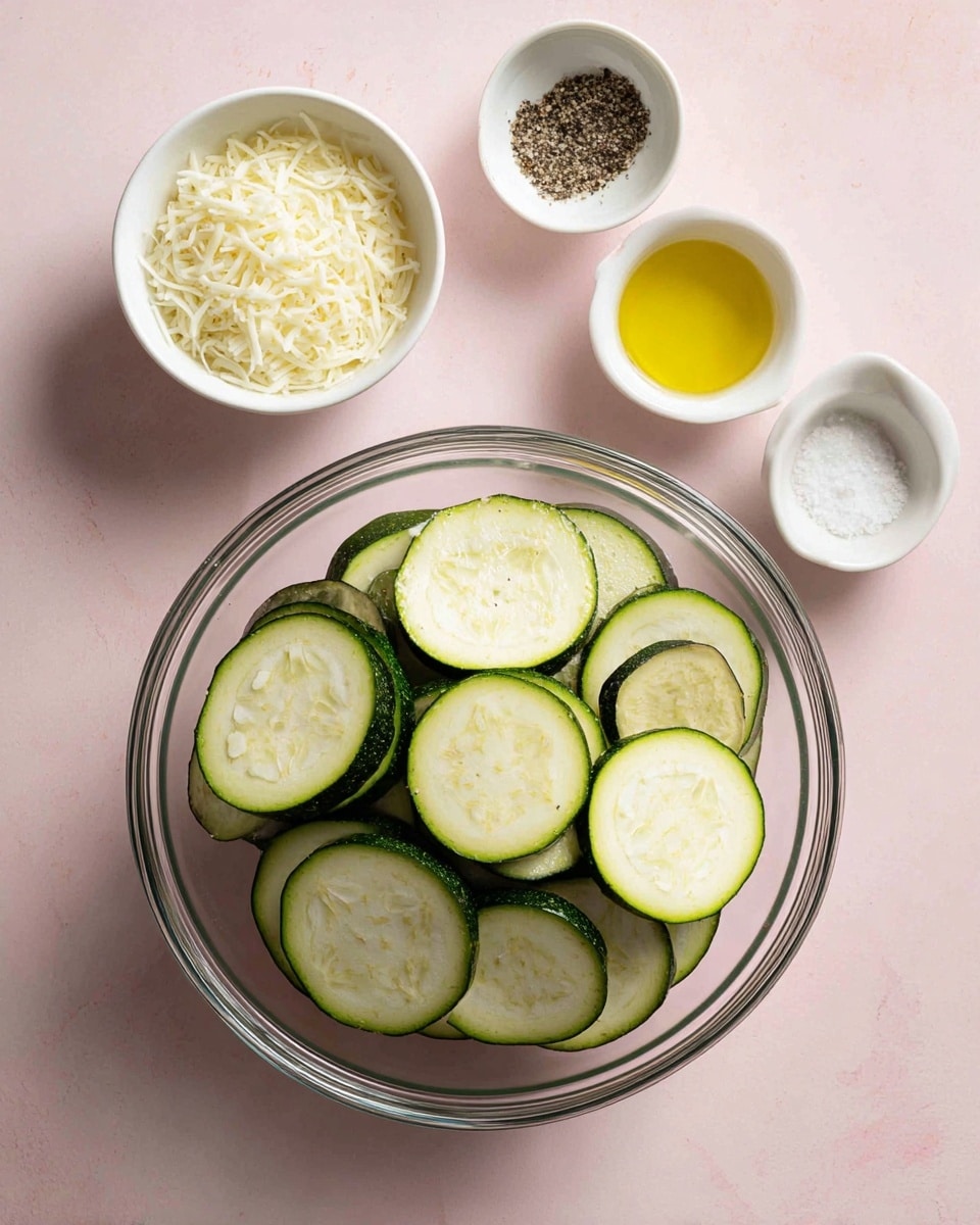 A clear glass bowl filled with six to seven slices of fresh green zucchini, each slice showing a soft off-white center and dark green skin. Next to the bowl, there are three small white bowls placed on a soft pink surface; the top bowl is filled with white shredded cheese, the middle bowl contains a golden yellow liquid (likely oil), and the smallest bowl holds coarse black pepper, granulated white powder, and salt together. The scene is bright and neat, with a simple, clean look. Photo taken with an iphone --ar 4:5 --v 7
