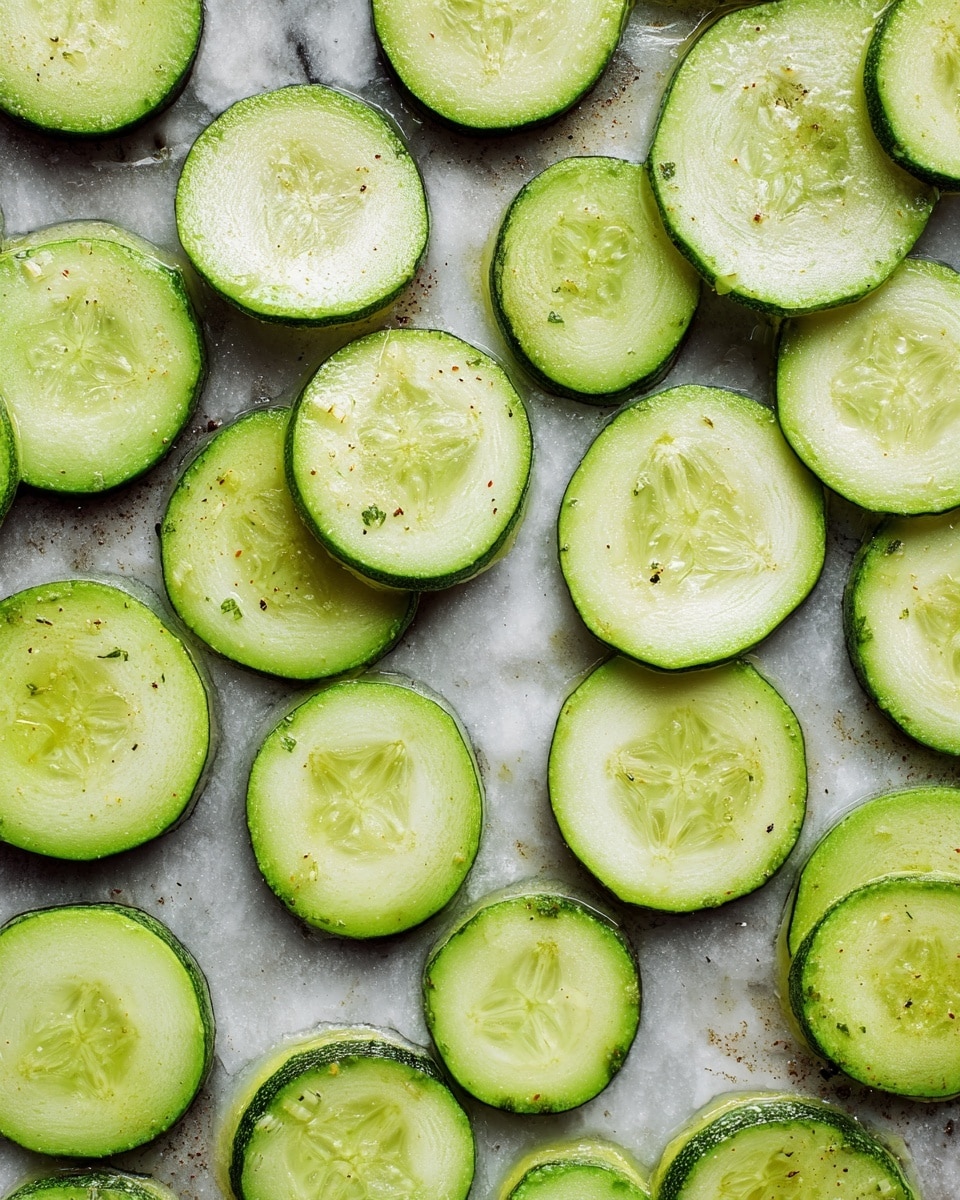 A black baking tray filled with thin, round green zucchini slices spread in a single layer. Each slice shows fresh light green inner flesh with seeds and a darker green outer skin. The tray's surface has some patches of oil and spots of seasoning. The background is a white marbled texture. photo taken with an iphone --ar 4:5 --v 7