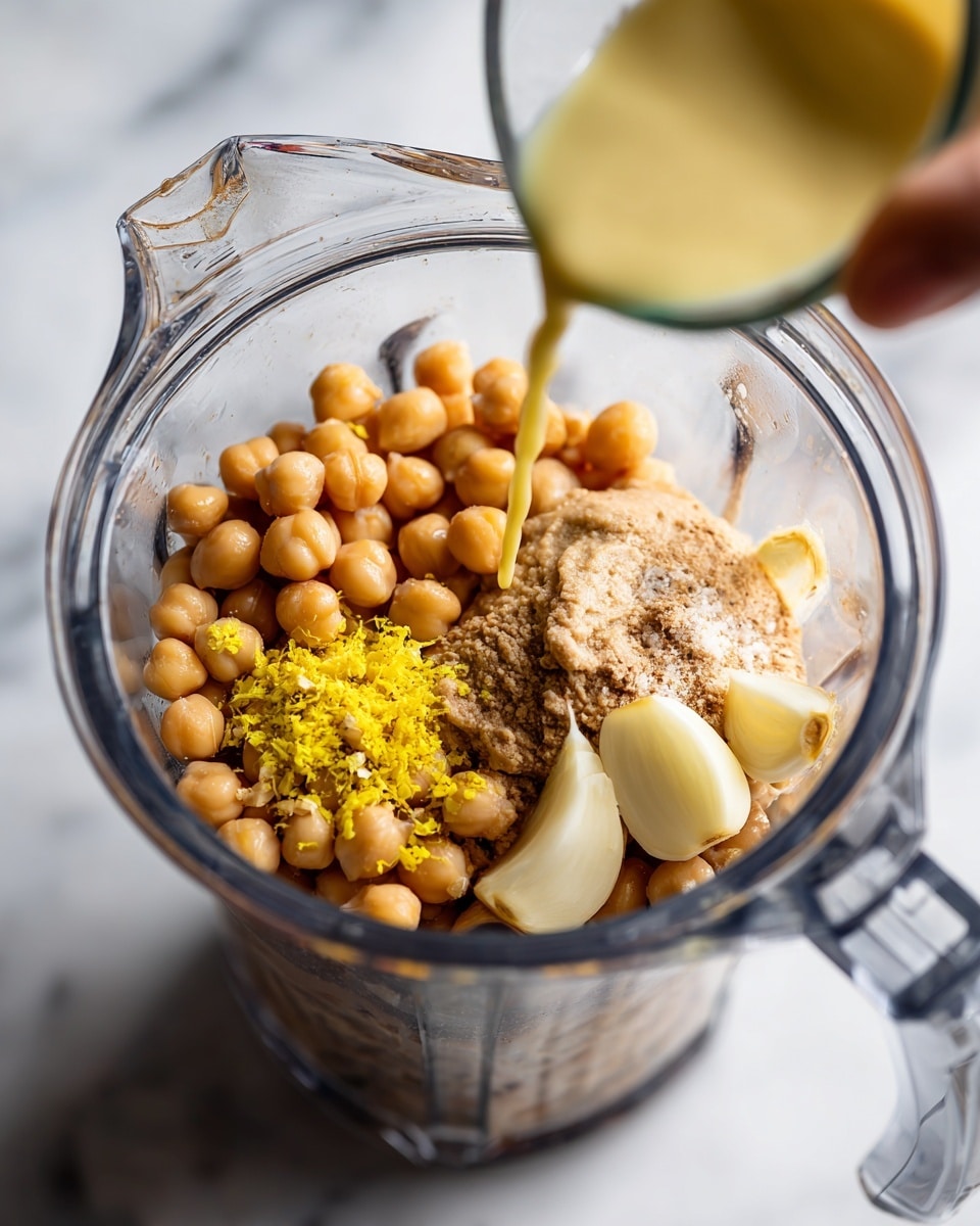A clear blender jar sits on a white marbled surface, filled with several layers of ingredients. On the bottom, there are light brown chickpeas grouped to one side. Next to them is a smooth pale brown paste. On top of these, two whole peeled garlic cloves rest near a small pile of bright yellow lemon zest and a sprinkle of white salt. A woman's hand is pouring a light yellowish liquid from a clear measuring cup into the blender. Photo taken with an iphone --ar 4:5 --v 7