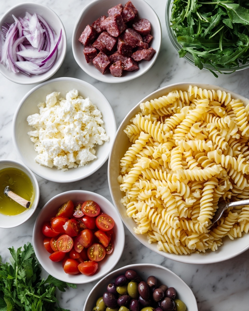 The image shows a white bowl filled with pale yellow spiral pasta on the right side with a smooth, cooked texture. Around it are six smaller white bowls placed on a white marbled surface. One bowl holds diced dark red sausage pieces, another has white crumbly cheese, a third contains light greenish-yellow dressing with a spoon, and another is filled with halved bright red cherry tomatoes. There is a bowl of thinly sliced light purple-red onion strips and one with a mix of green and black whole olives. Fresh dark green leafy parsley and arugula are also scattered around the bowls. photo taken with an iphone --ar 4:5 --v 7