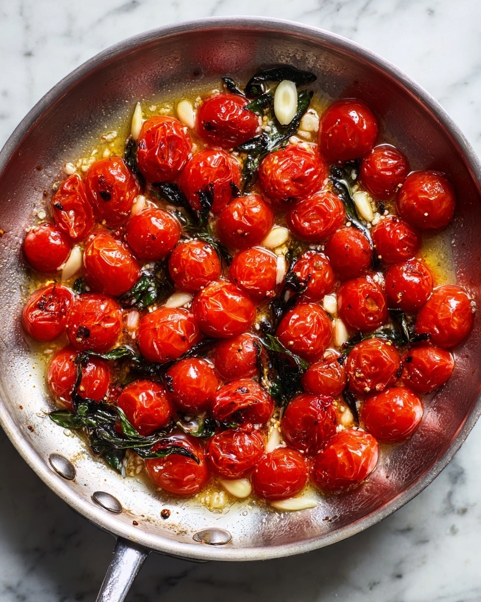 The image shows a single layer of bright red cherry tomatoes that are cooked and slightly blistered in a silver frying pan, with some pieces showing light black char marks. Thin slices of pale yellow garlic are scattered among the tomatoes, and dark green basil leaves are mixed in, adding contrast. The tomatoes are shiny with a light layer of oil that reflects light softly. The pan sits on a white marbled surface. photo taken with an iphone --ar 4:5 --v 7
