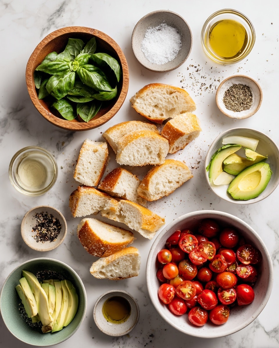 The image shows many ingredients laid out on a white marbled surface. There are sliced pieces of toasted white baguette bread arranged diagonally in the center, with some slices stacked. To the right, a white bowl is filled with halved bright red cherry tomatoes. Above that, a small grey bowl contains salt. On the left side, a wooden bowl holds fresh green basil leaves, while next to it a small green bowl contains three slices of avocado with smooth yellow-green flesh. Smaller bowls with ingredients like minced garlic, black pepper mix, seasoning powder, olive oil, and vinegar are spread around all the main items. Everything looks fresh and ready to be used for a vibrant dish. photo taken with an iphone --ar 4:5 --v 7