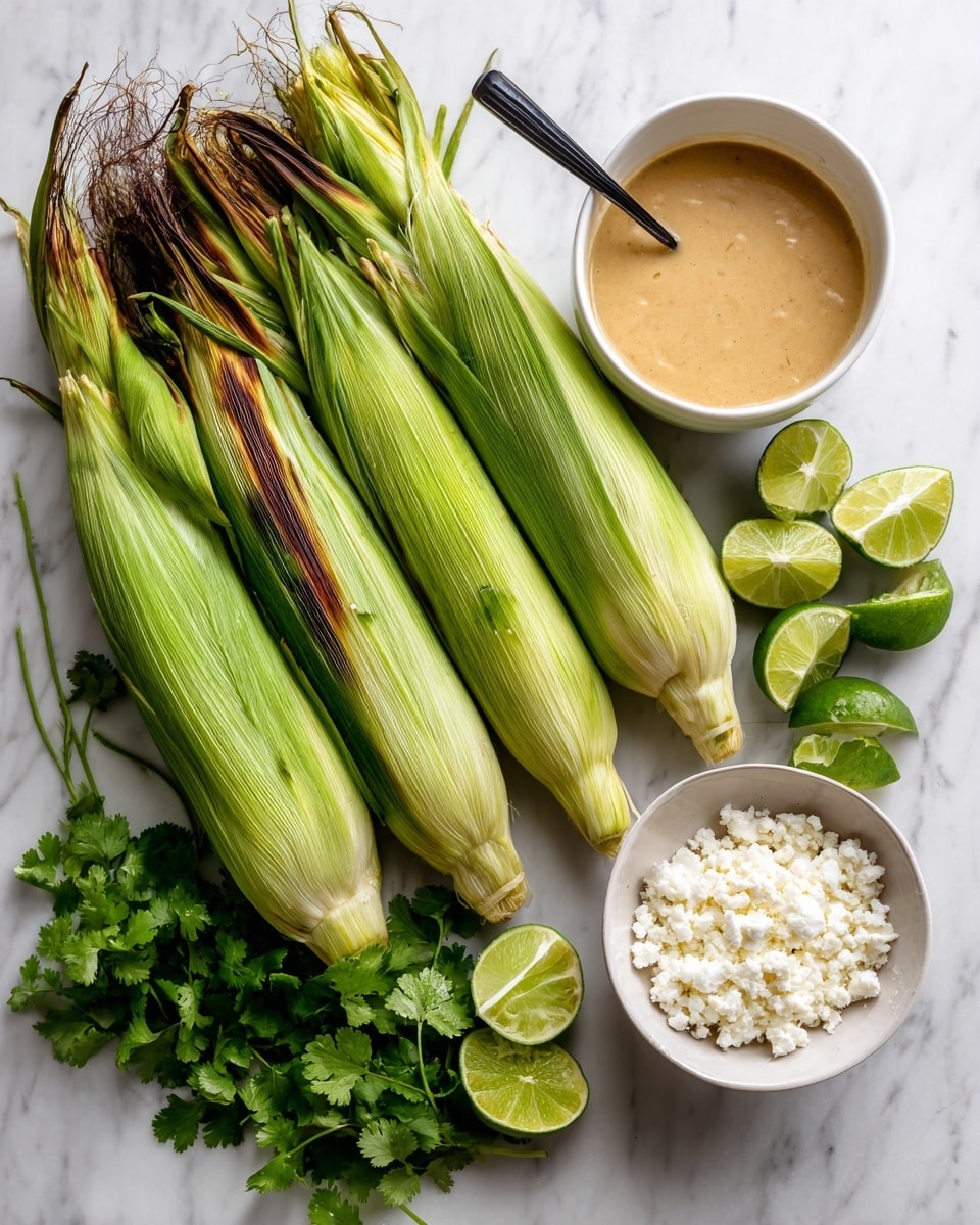 The image shows four ears of corn with green husks partially pulled back, laying side by side on a white marbled surface. To the right, there is a white bowl filled with a creamy, light brown sauce with a black spoon resting inside. Next to it is a small white bowl filled with crumbly white cheese. Beside the bowls, there are two lime halves placed close together, and a bunch of fresh green cilantro leaves spread out, creating a bright, fresh look. Photo taken with an iphone --ar 4:5 --v 7
