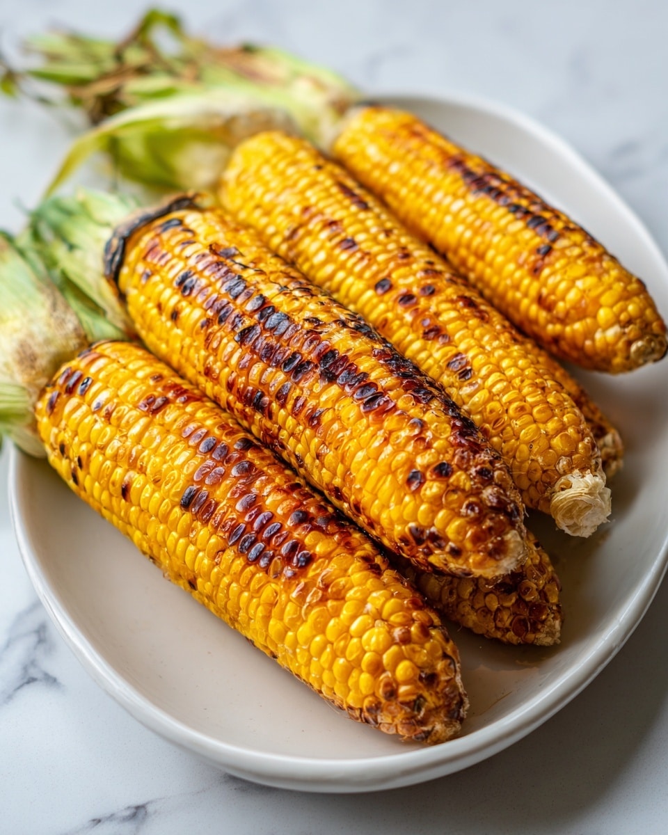 Four grilled corn cobs lie side by side on a white oval plate. The corn kernels are bright yellow with some dark brown char marks scattered unevenly across their surface, showing they were cooked over heat. The cobs still have some of their greenish husk attached at one end. The plate sits on a white marbled surface, and the lighting is soft and natural, highlighting the shiny texture of the cooked corn. photo taken with an iphone --ar 4:5 --v 7