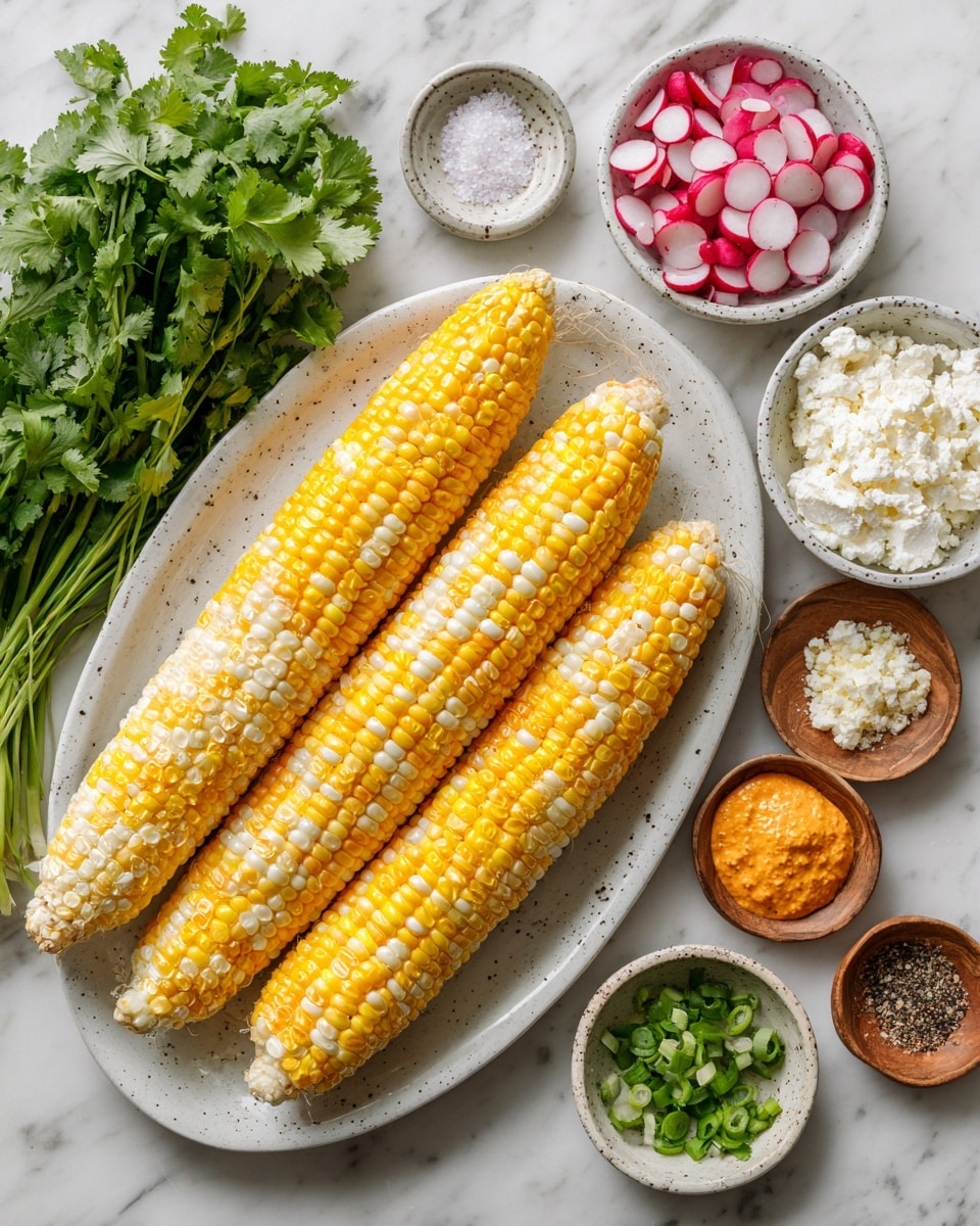 Five corn ears with yellow and pale yellow kernels are placed in a line on a white oval plate with gray specks, positioned slightly left in the image. Surrounding the plate on a white marbled surface, there are small white bowls filled with various ingredients: coarsely chopped radishes in red and white, creamy orange sauce, crumbled white cheese, chopped green onions, and a brown powder spice. Two small wooden bowls hold black pepper and coarse white salt. A bunch of fresh green cilantro is on the far left. Photo taken with an iphone --ar 4:5 --v 7