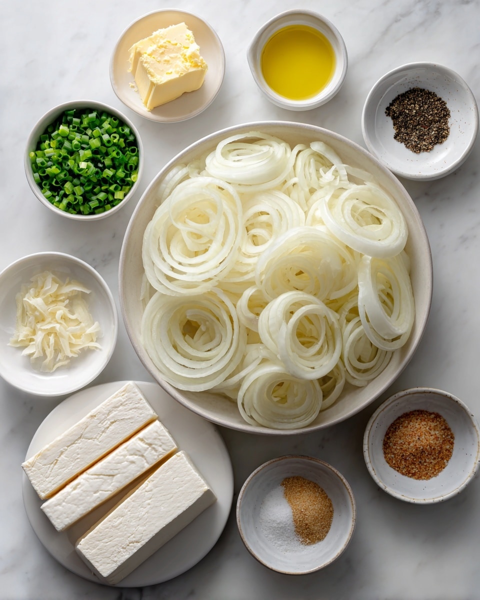 A large white bowl filled with many layers of thin, white onion rings is placed in the center on a white marbled surface. Around it, there are small white bowls and dishes holding different ingredients: bright yellow oil, thick white cream, green chopped chives, a small chunk of yellow butter, white salt, black pepper, light brown sugar, beige seasoning powder, and two blocks of white tofu in a white bowl. The detailed textures are clear, with the ingredients arranged neatly and spaced evenly. Photo taken with an iphone --ar 4:5 --v 7