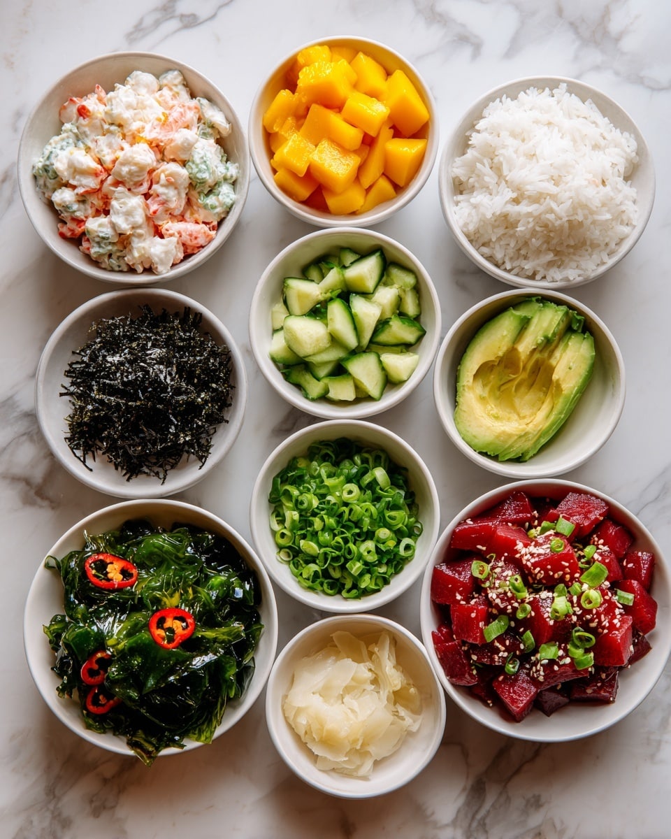 The image shows nine small white bowls arranged on a white marbled surface filled with different poke bowl ingredients. Starting from the top left, the first bowl holds a creamy mix of crab or imitation crab meat with white and pink colors. Next to it is a bowl with bright orange cubed mango pieces. To its right, there is a bowl full of fluffy white rice. Nearby is a small bowl with black sesame seeds. On the bottom left, a large bowl contains dark green cucumber chunks with red chili flakes. Next to it is a bowl with light green diced avocado. In the center bottom, a smaller bowl contains thin slices of pale pickled ginger. To its right, a bowl holds shiny, dark green seaweed salad. A very small bowl next to it has chopped green onions, and next to that is a bowl with a creamy white sauce. Across from all the bowls is a larger bowl filled with a poke mix of dark red and light pink fish pieces topped with chopped green onions, all on the white marbled surface photo taken with an iphone --ar 4:5 --v 7