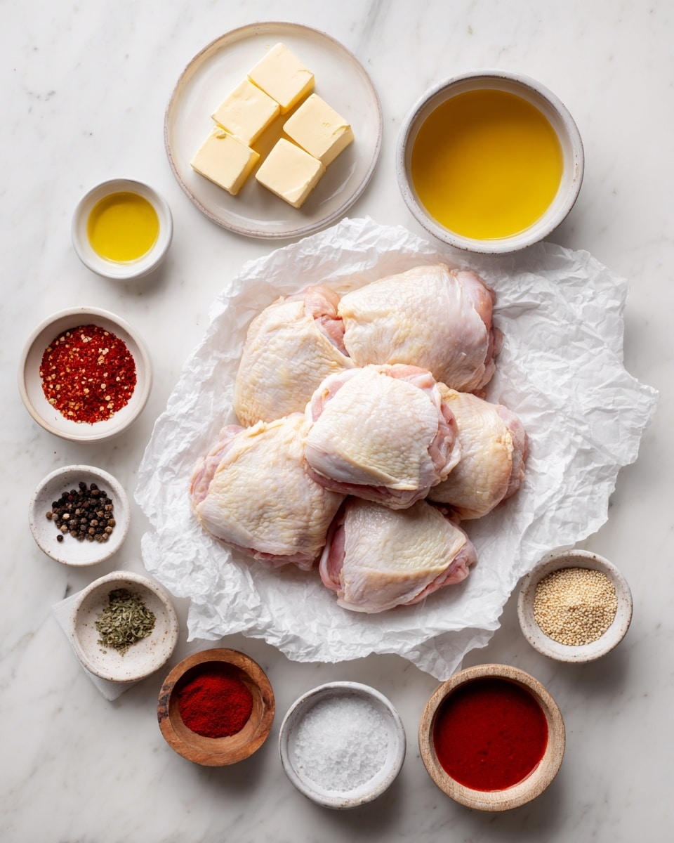 The image shows a flat layer of raw chicken thighs placed on crinkled white parchment paper in the center. Around the chicken, small white bowls and plates hold different ingredients: pale yellow butter cubes on a white plate, red chili powder on a white small bowl, light golden olive oil in a white bowl, sesame seeds in a white bowl, garlic powder on a white small plate, black peppercorns in a small wooden bowl, white salt in a white bowl, bright red sauce in a white bowl, smoked paprika in a white bowl, and a large white bowl filled with golden broth. All the items are neatly arranged on a white marbled surface. Photo taken with an iphone --ar 4:5 --v 7