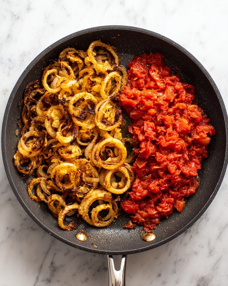 A black frying pan on a white marbled surface holds cooked onions and a tomato sauce. On the left half of the pan, browned and slightly crispy onion rings are placed in a loose pile, showing a golden-brown color with some darker charred spots. On the right half, bright red tomato chunks mixed with sauce create a thick, textured layer, covering that side evenly. The contrast between the caramelized onions and vibrant red tomato sauce is clear and visually distinct. photo taken with an iphone --ar 4:5 --v 7