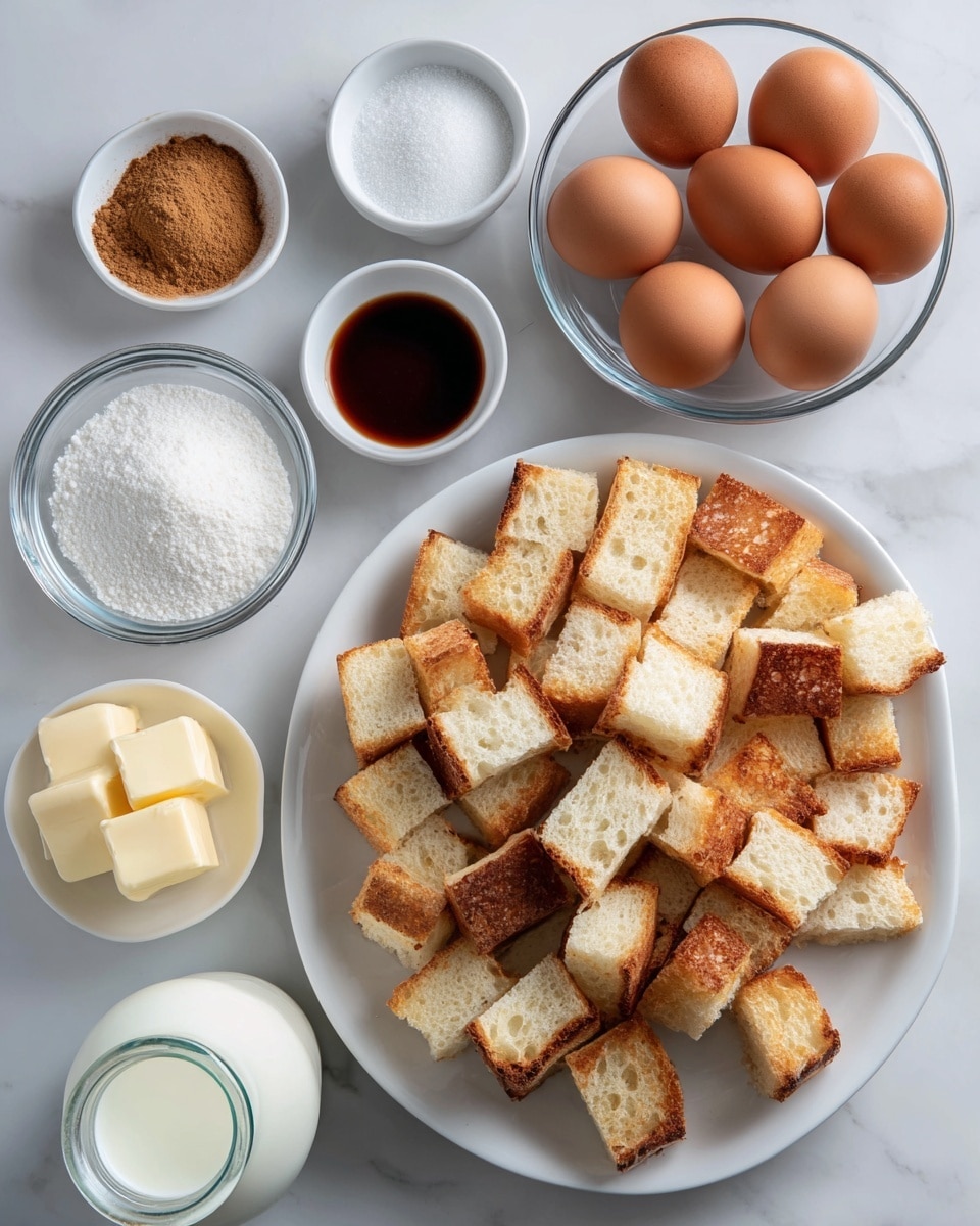 The image shows several ingredients arranged neatly on a white marbled surface. On the right side, there is a white plate filled with many cubes of toasted bread, showing golden brown crusts and soft white insides. To the left of the plate, there are two small white bowls: one with a light brown powder (likely cinnamon) and one with a dark liquid (likely vanilla). Above them is a clear glass plate holding six brown eggs. Below these, two small white bowls hold two square pieces of butter and some white sugar. In the bottom left corner, there are two glass bottles, one filled with milk and the other empty. The scene is simple and bright, with all items displayed in a clear and organized way. photo taken with an iphone --ar 4:5 --v 7