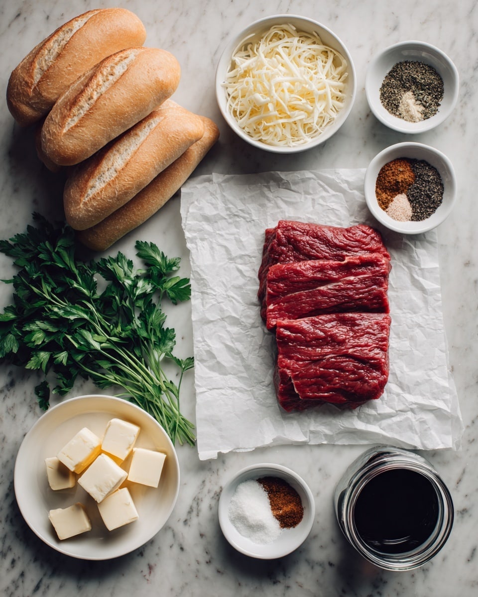 The image shows a flat piece of raw red meat placed on white parchment paper in the center of a white marbled surface. Around it, there are several small white bowls with different ingredients: one bowl has shredded cheese, another has cubes of butter, and three others contain various spices with different colors like light brown, dark brown, and white. To the left, there is a bunch of fresh green herbs and four pieces of white baguette bread stacked on top of each other. At the bottom right, there's a dark glass jar with a dark liquid inside. The whole setup is arranged neatly with balanced spacing, and the lighting is soft and natural. photo taken with an iphone --ar 4:5 --v 7