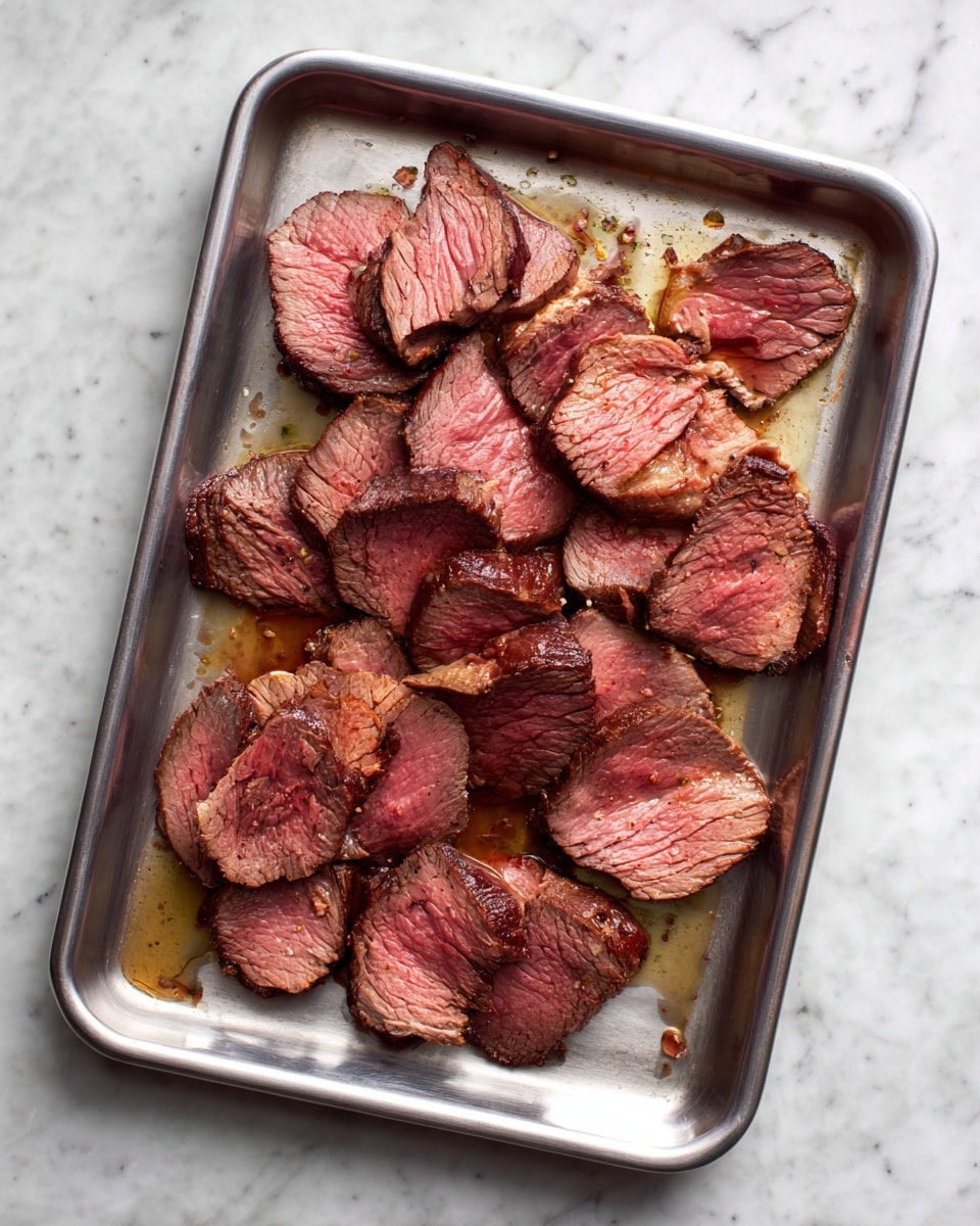 A silver baking tray sits on a white marbled surface, filled with several layers of cooked slices of beef. The beef slices have a pink center and browned edges, showing a tender and juicy texture. Some juices are visible on the tray around the meat, giving a slight shine. The arrangement is loose and natural, with pieces overlapping each other. photo taken with an iphone --ar 4:5 --v 7